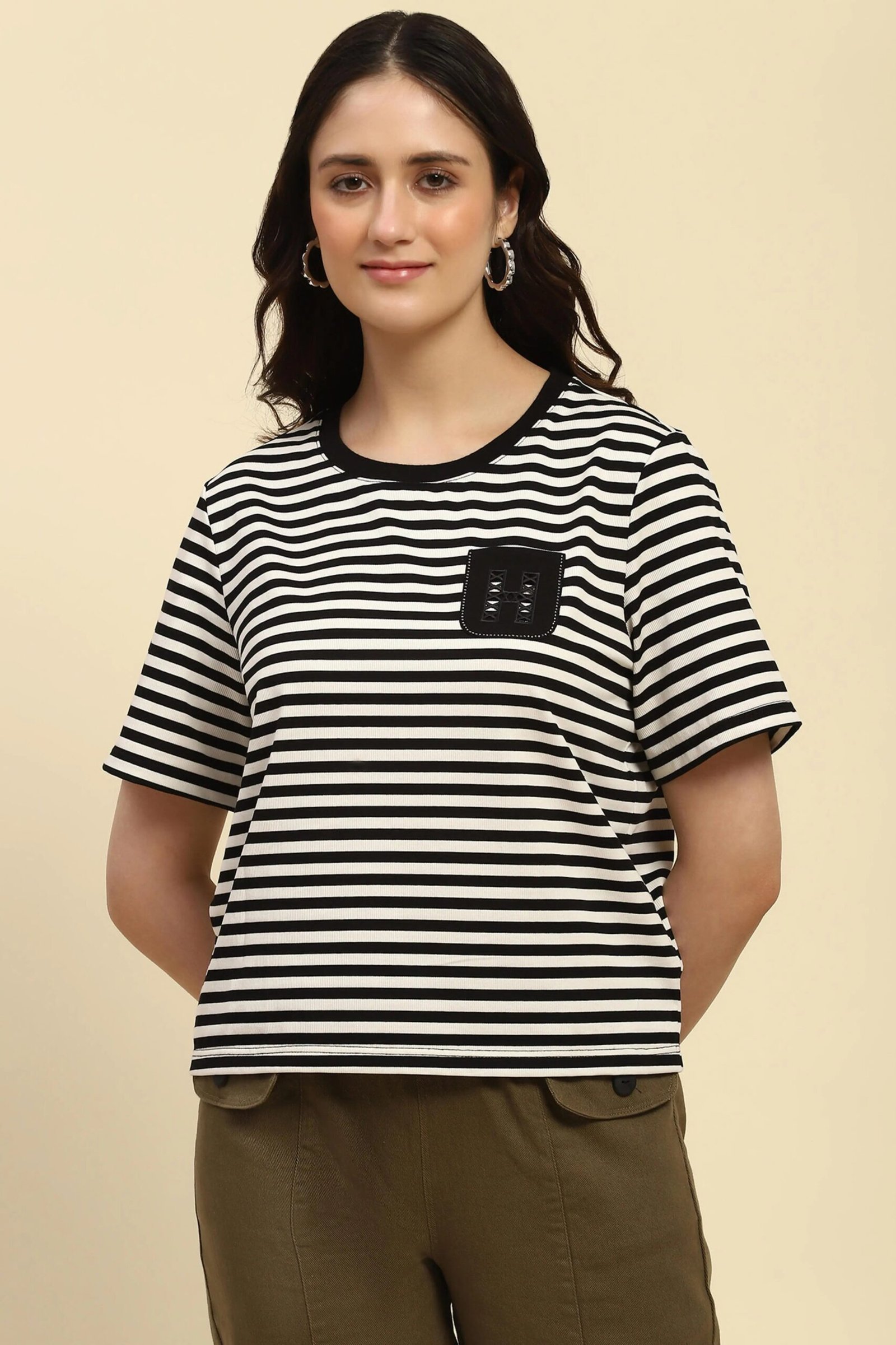 Black Striped Cotton Blend Boxy Fit Top