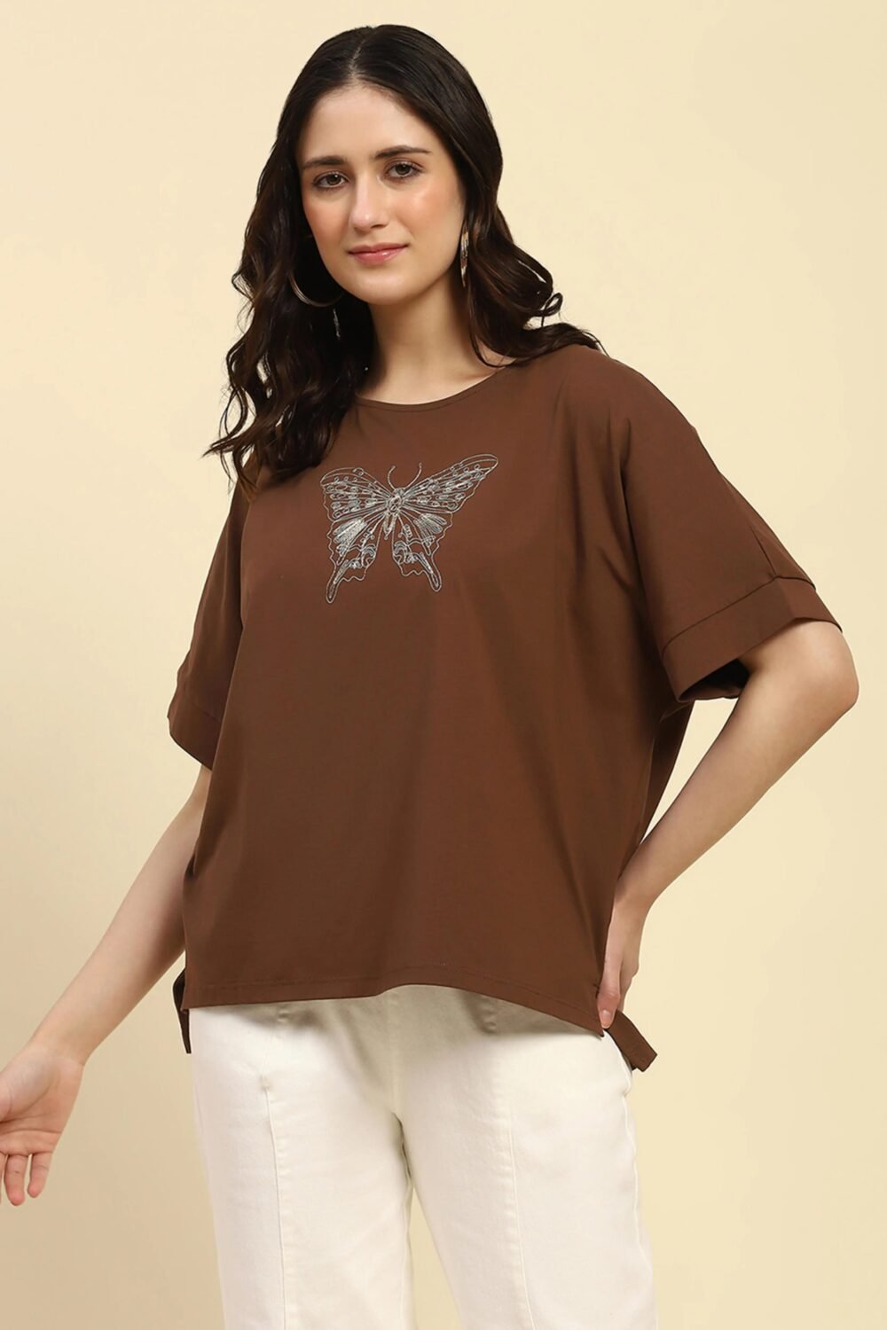 Brown Embroidered Cotton Boxy Top