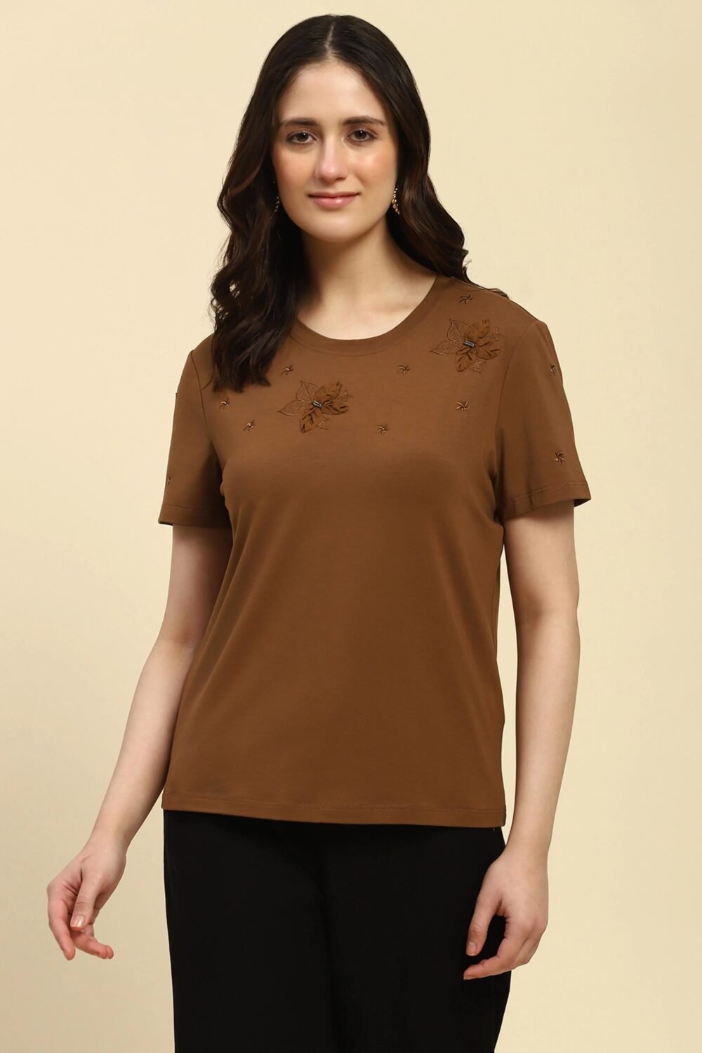 Brown Embroidered Modal Top