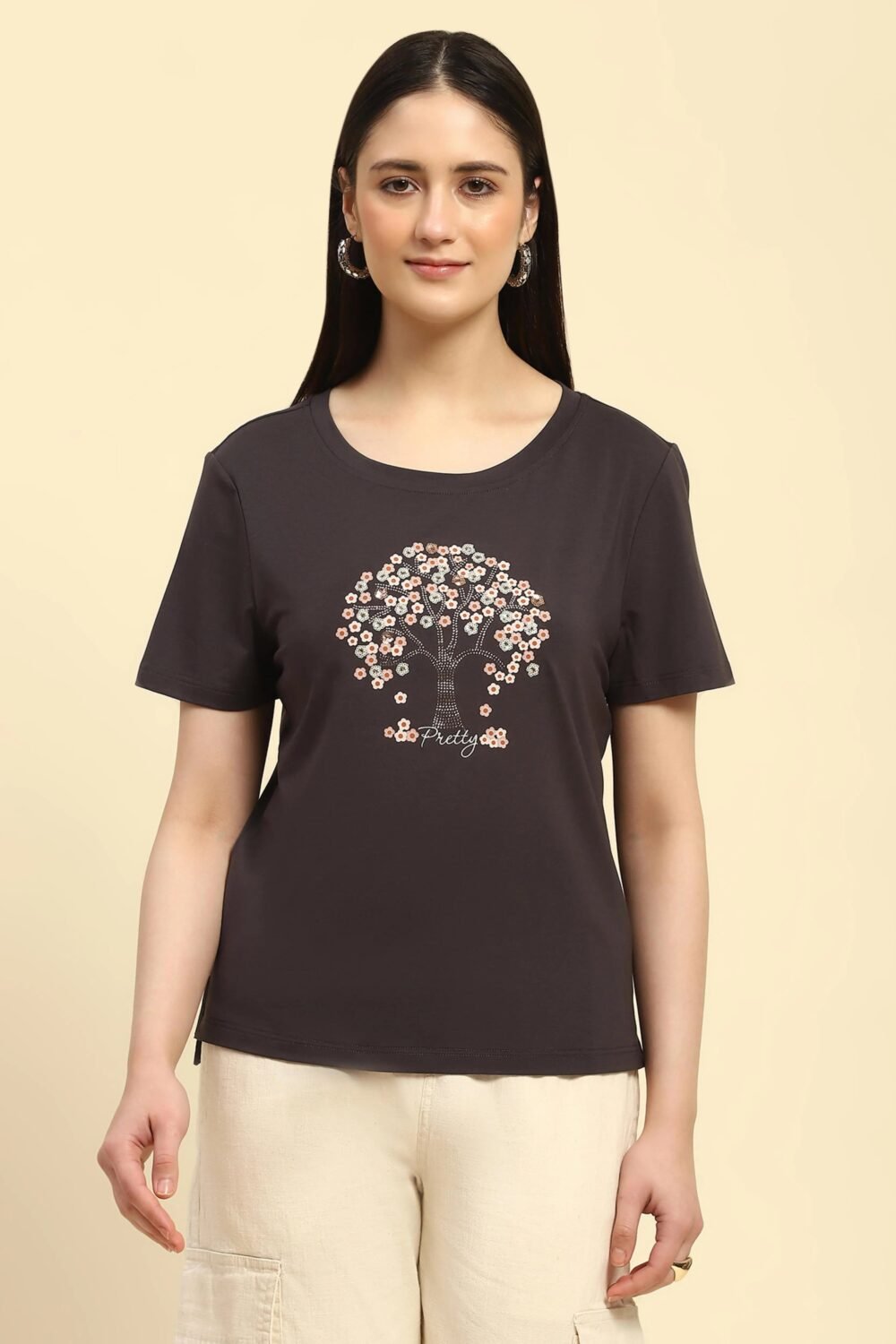 Grey Embellished Modal Blend Top