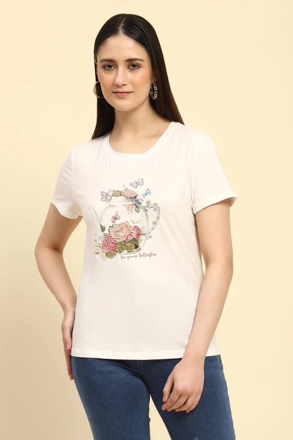White 3D Embroidered Modal Top