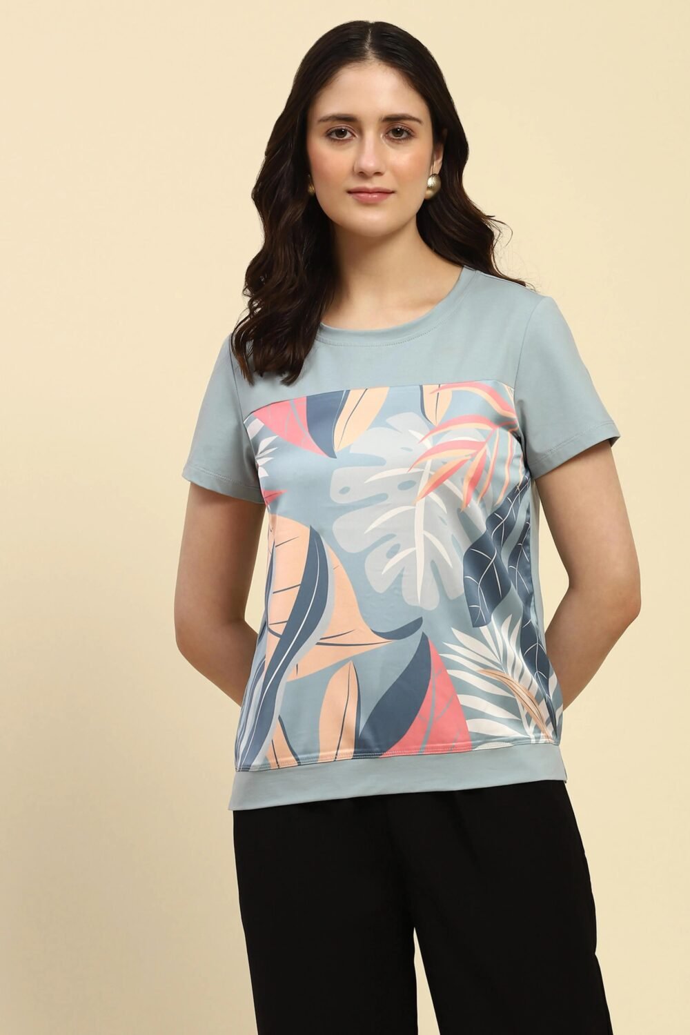 Blue Graphic Cotton Blend Top