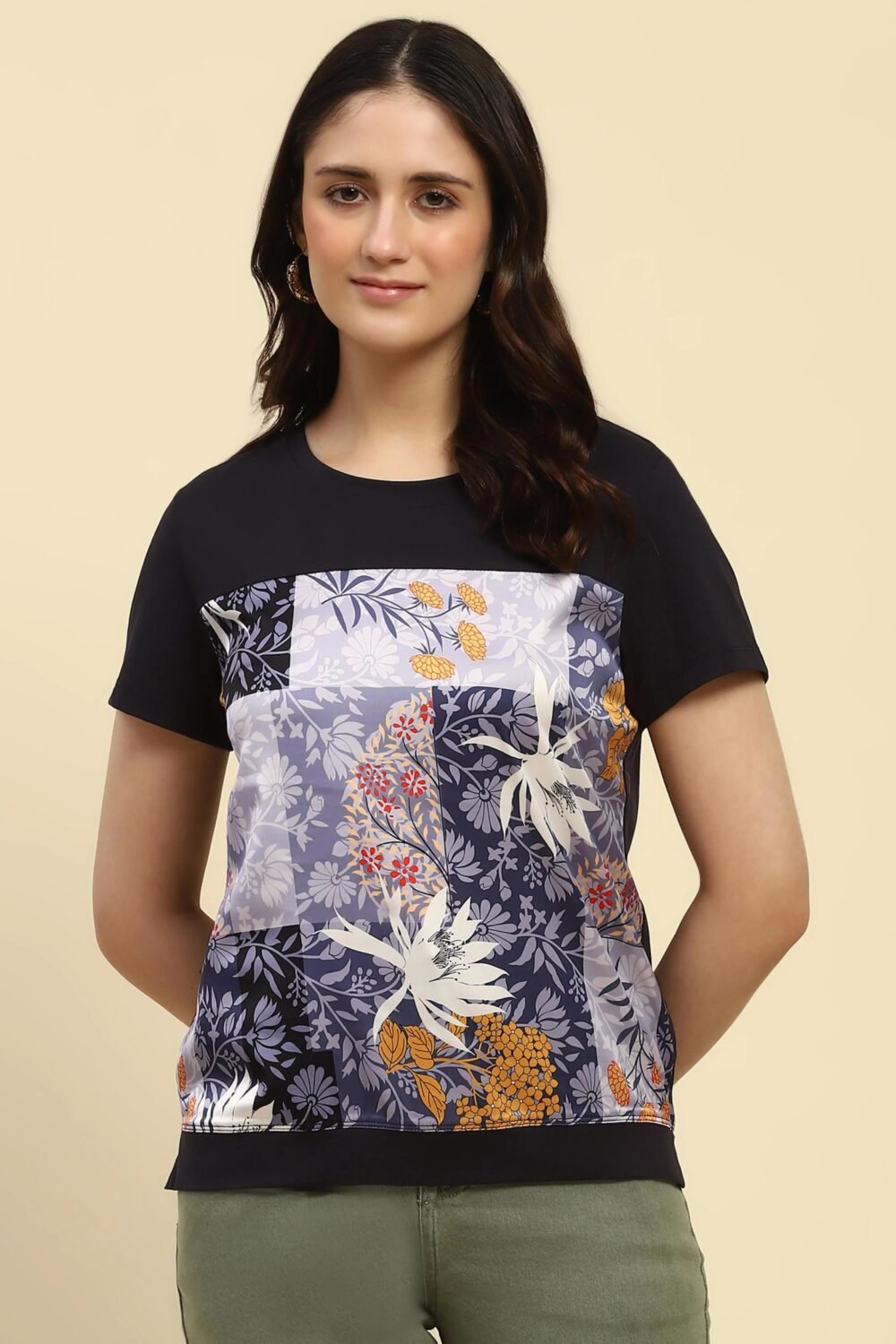 Navy Graphic Print Cotton Top