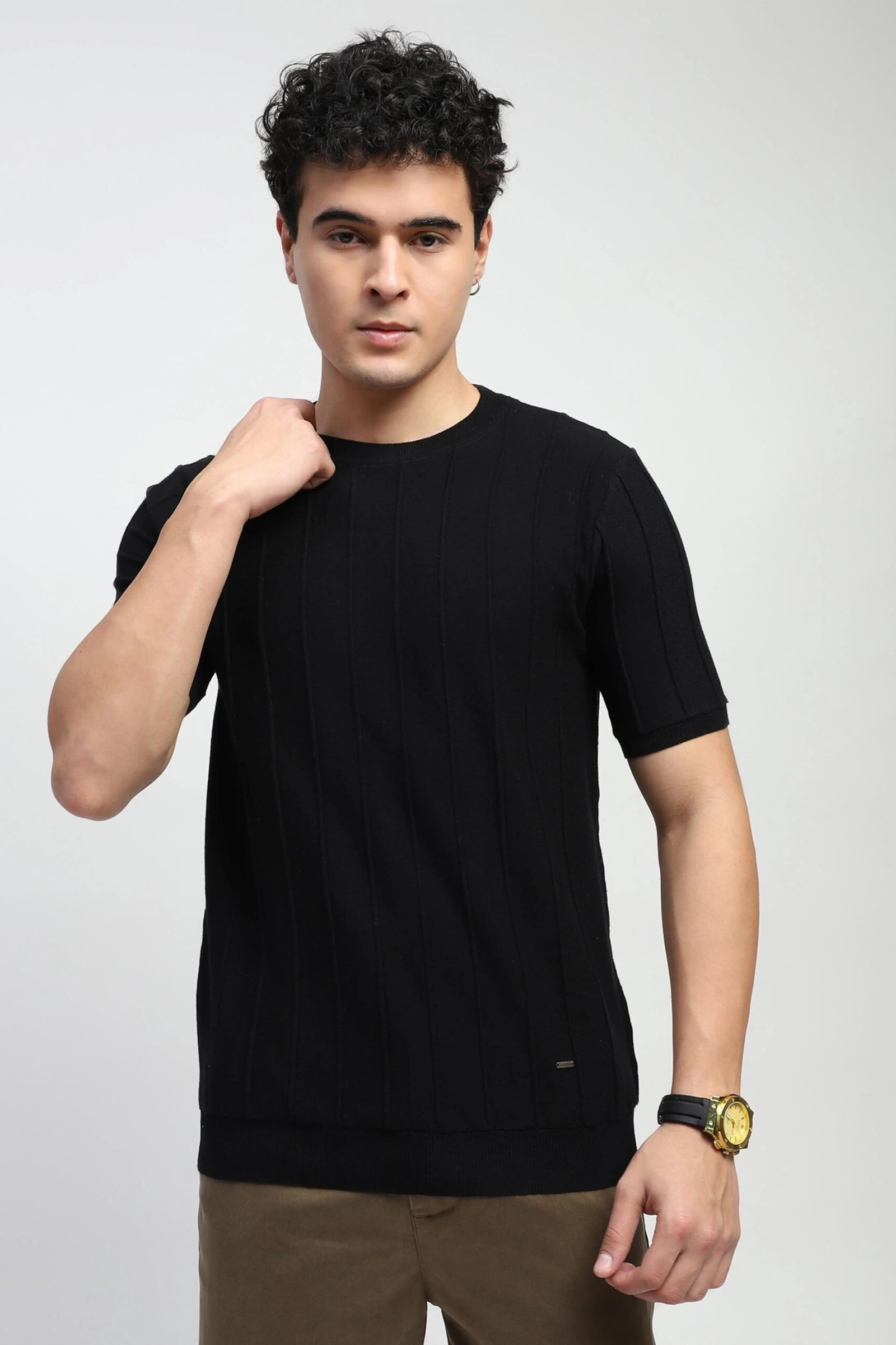 Knitted Self Striped Cotton T-Shirt