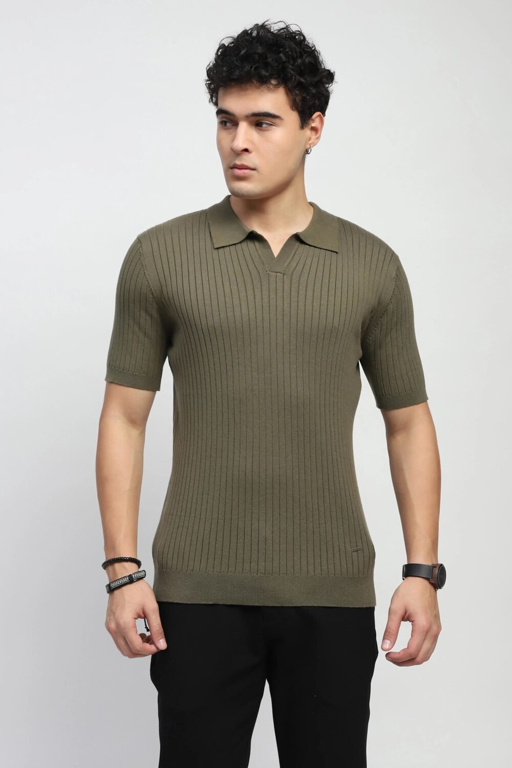 Olive Knitted Cotton Ribbed T-Shirt