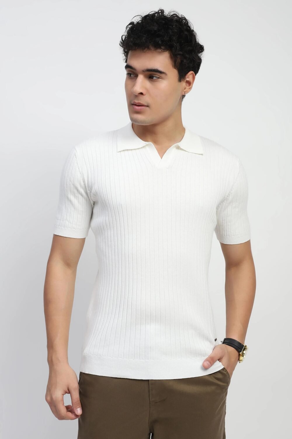 White Self Stripes Cotton Knit T-Shirt