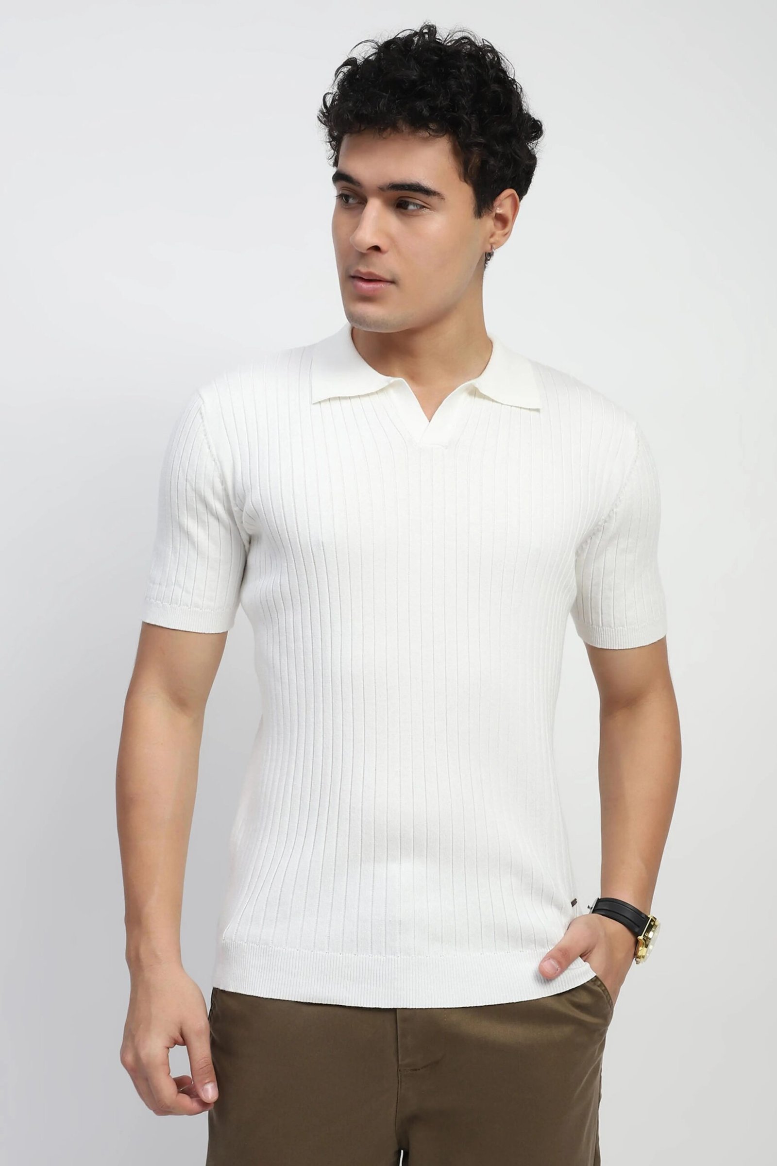 White Self Stripes Cotton Knit T-Shirt