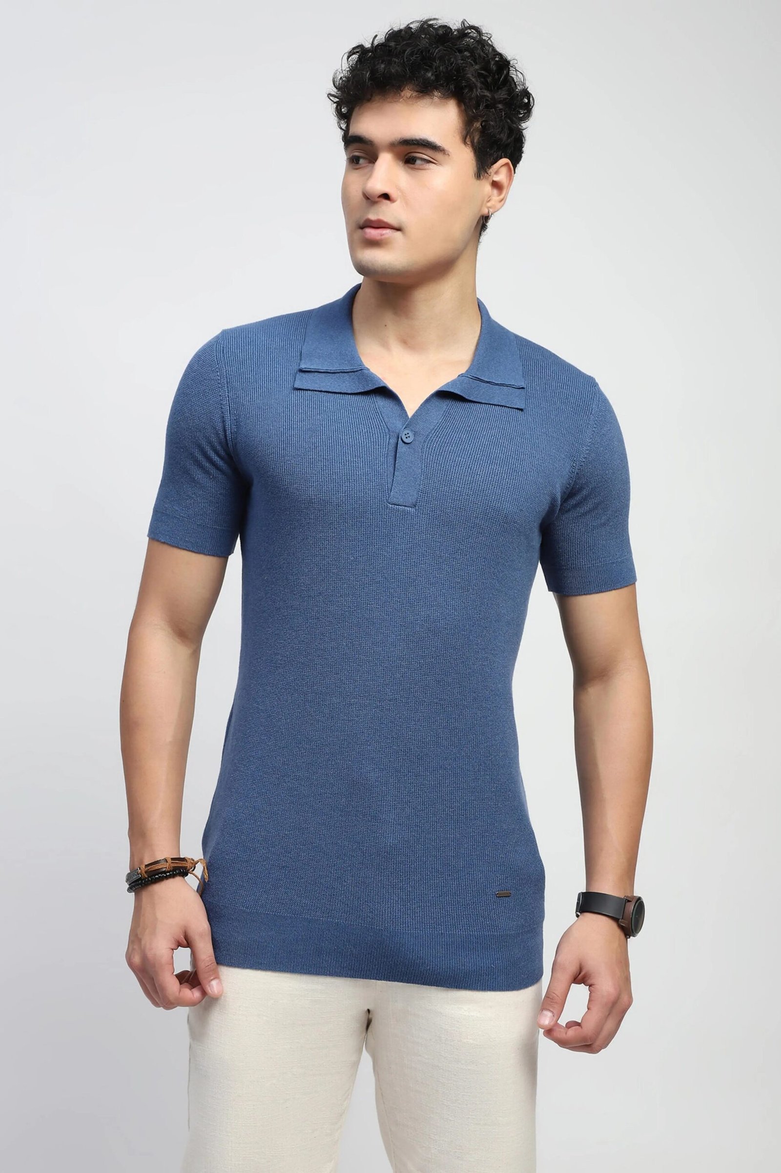 Blue Self Design Cotton T-Shirt