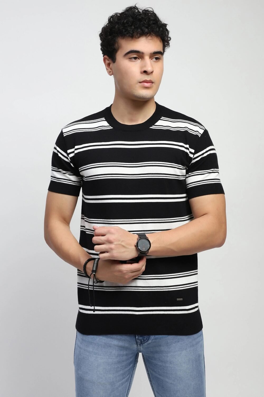 Black Striped Knitted Cotton T-Shirt