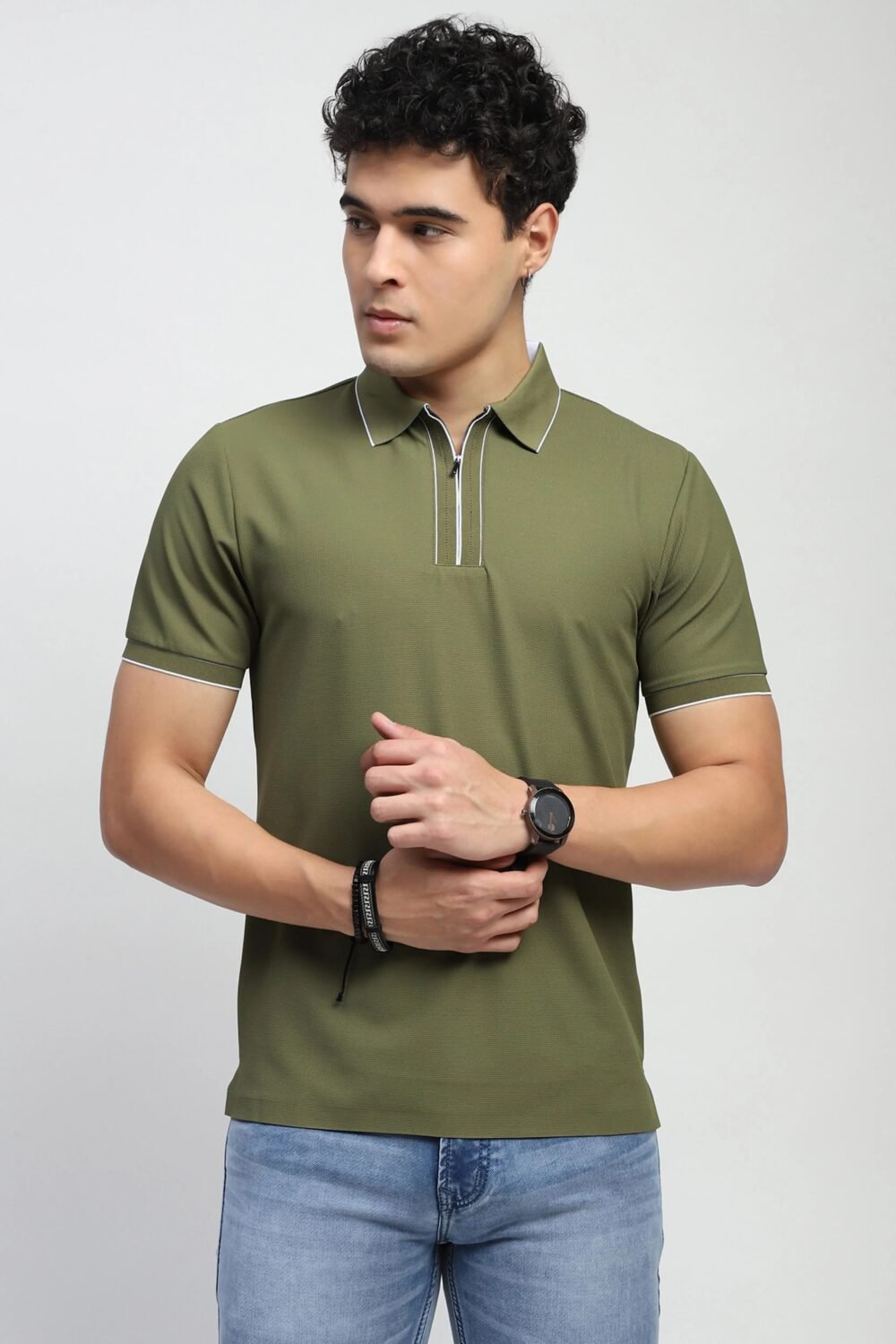 Olive Solid Nylon Blend Polo T-Shirt