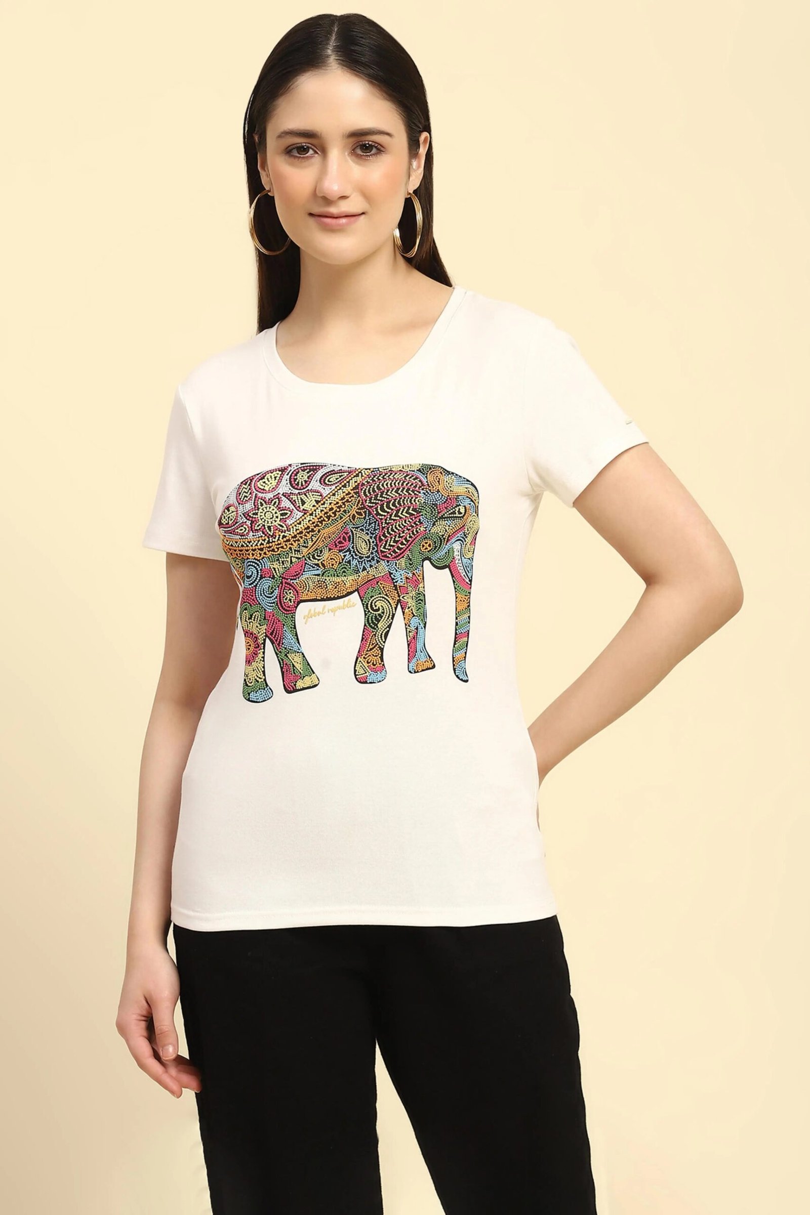 Ecru Graphic Cotton Regular Fit Top