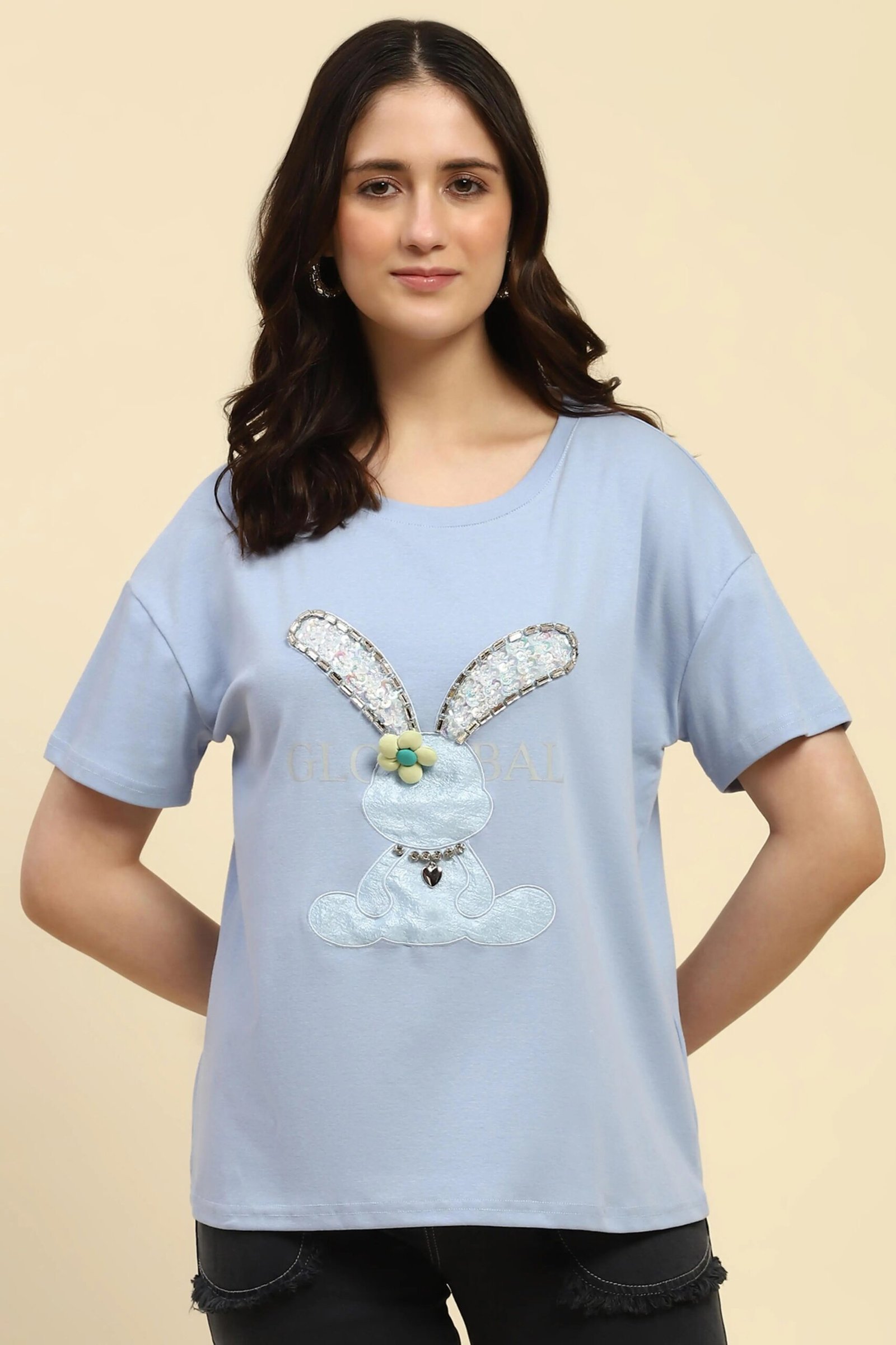 Blue Embroidered Cotton Loose Top