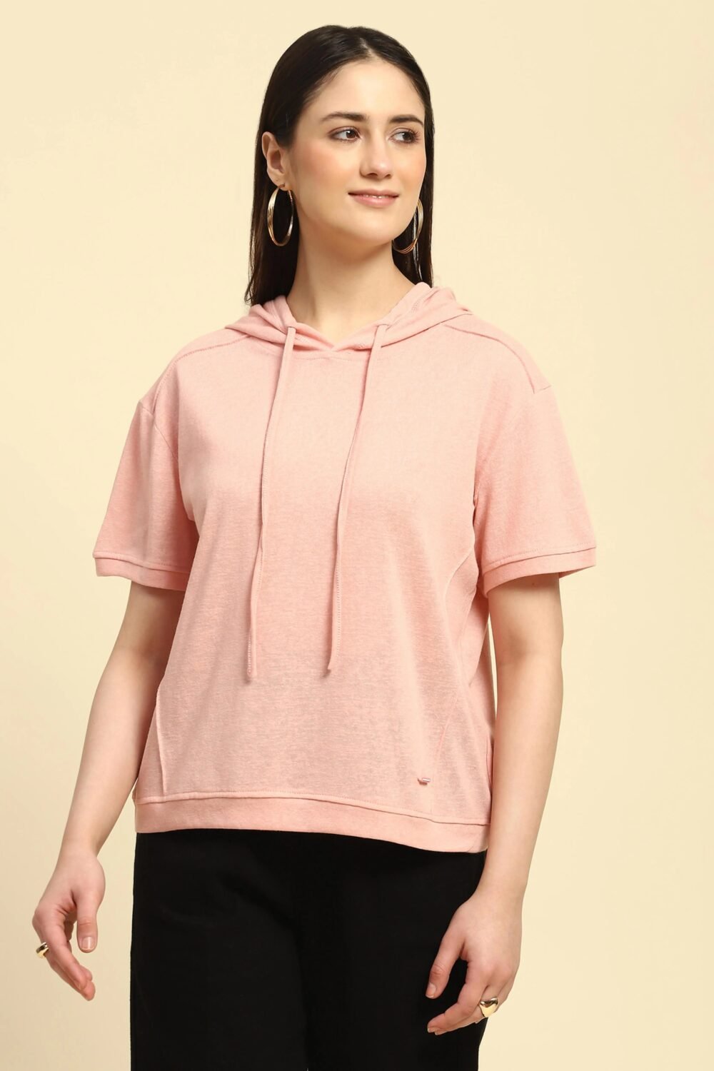 Pink Solid Cotton Blend Relaxed Fit Top