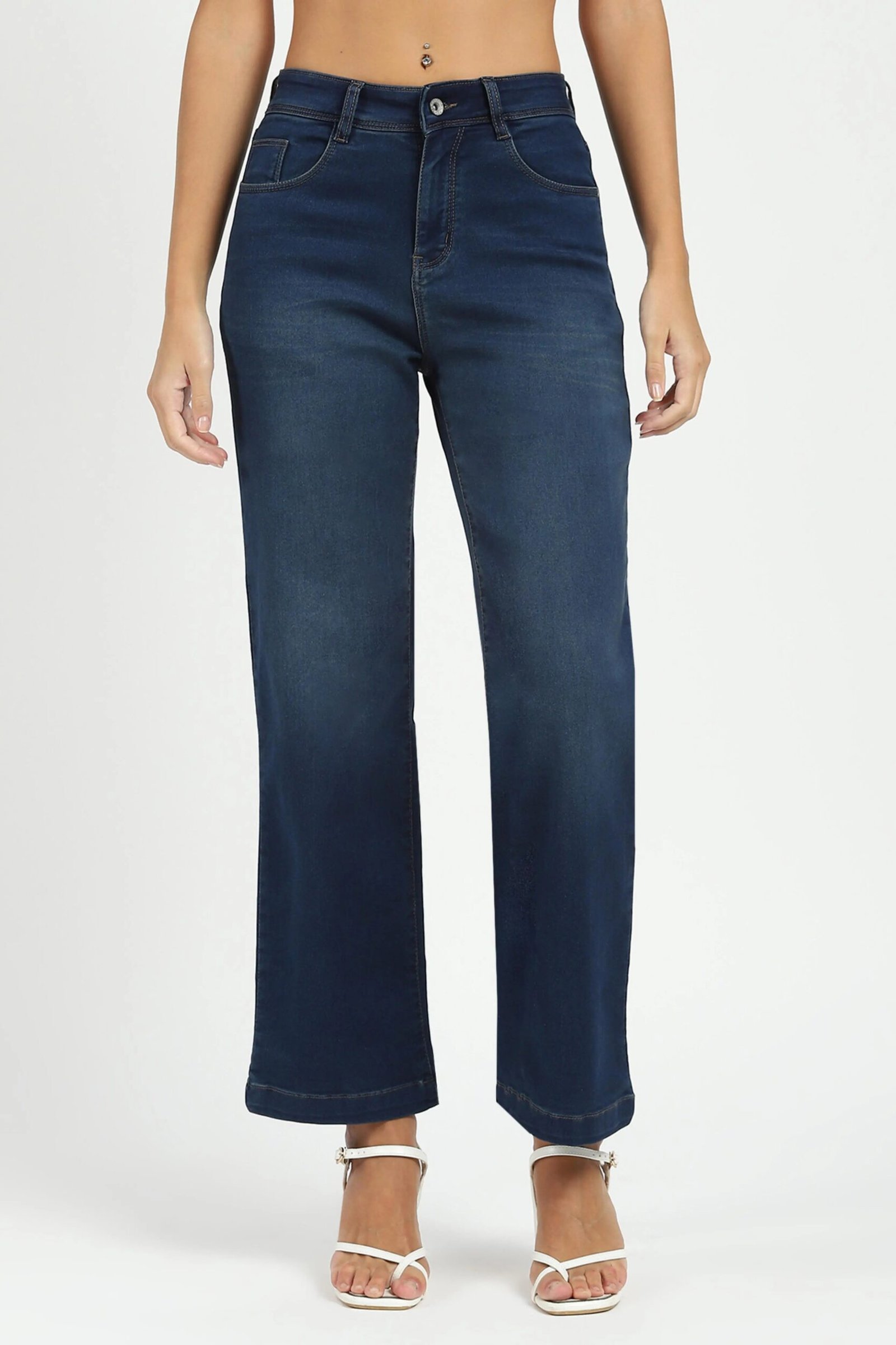 Blue Solid High Waist Straight Jeans