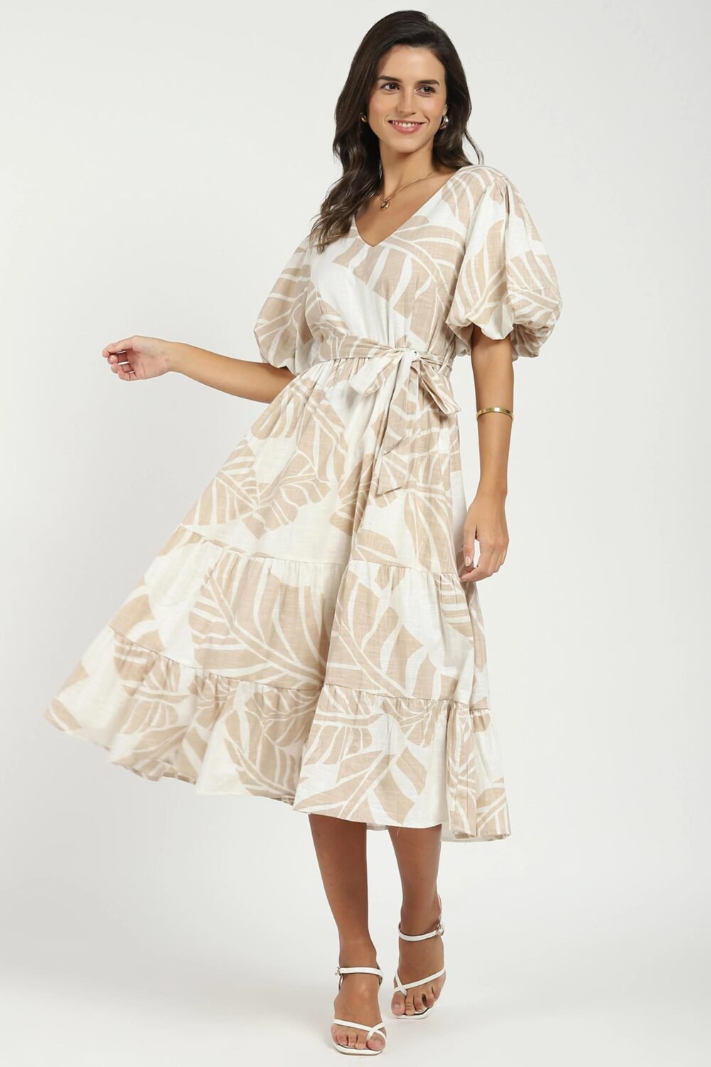 Beige Puff Sleeves Flared Dress