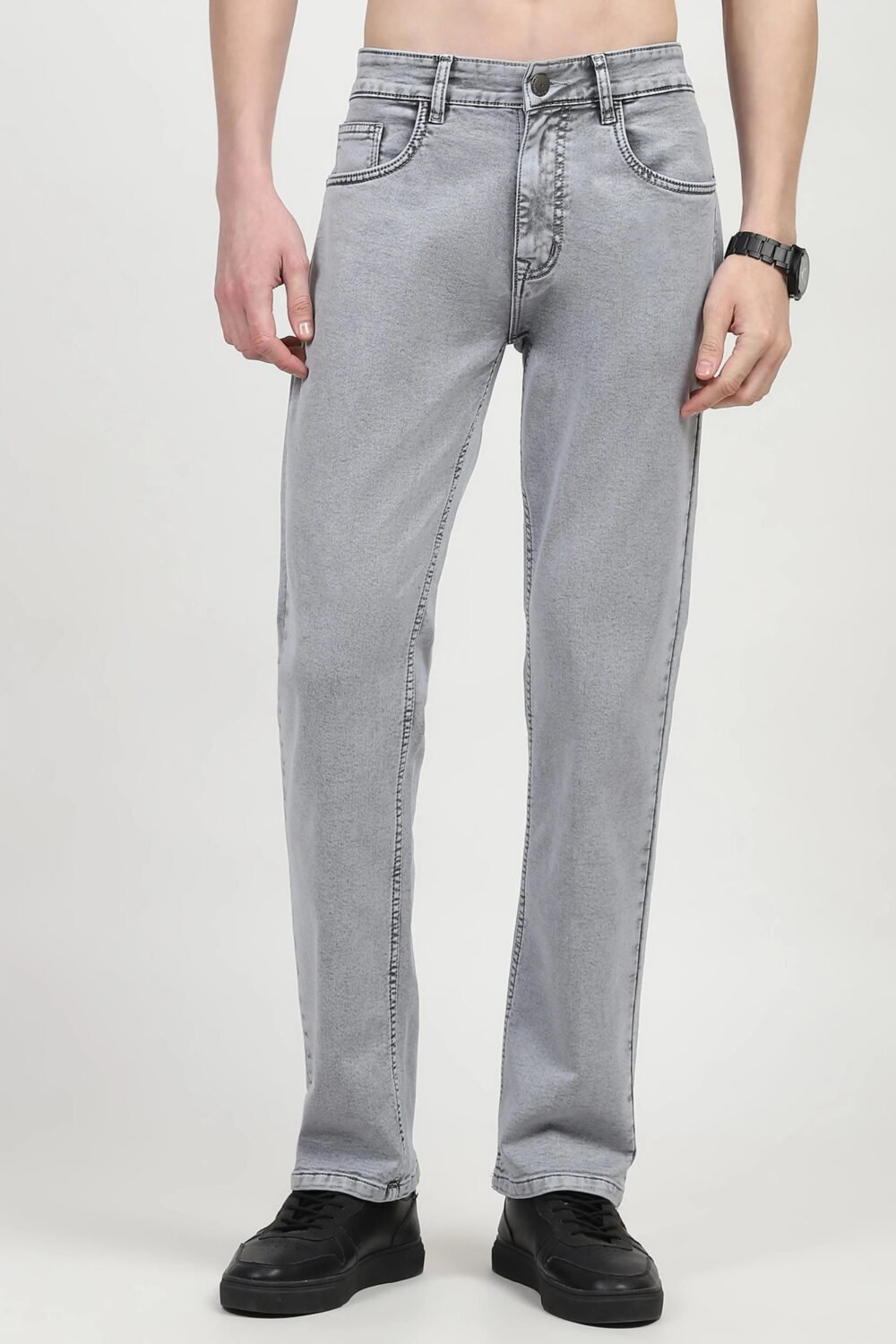 Grey Cotton Regular Fit Jeans
