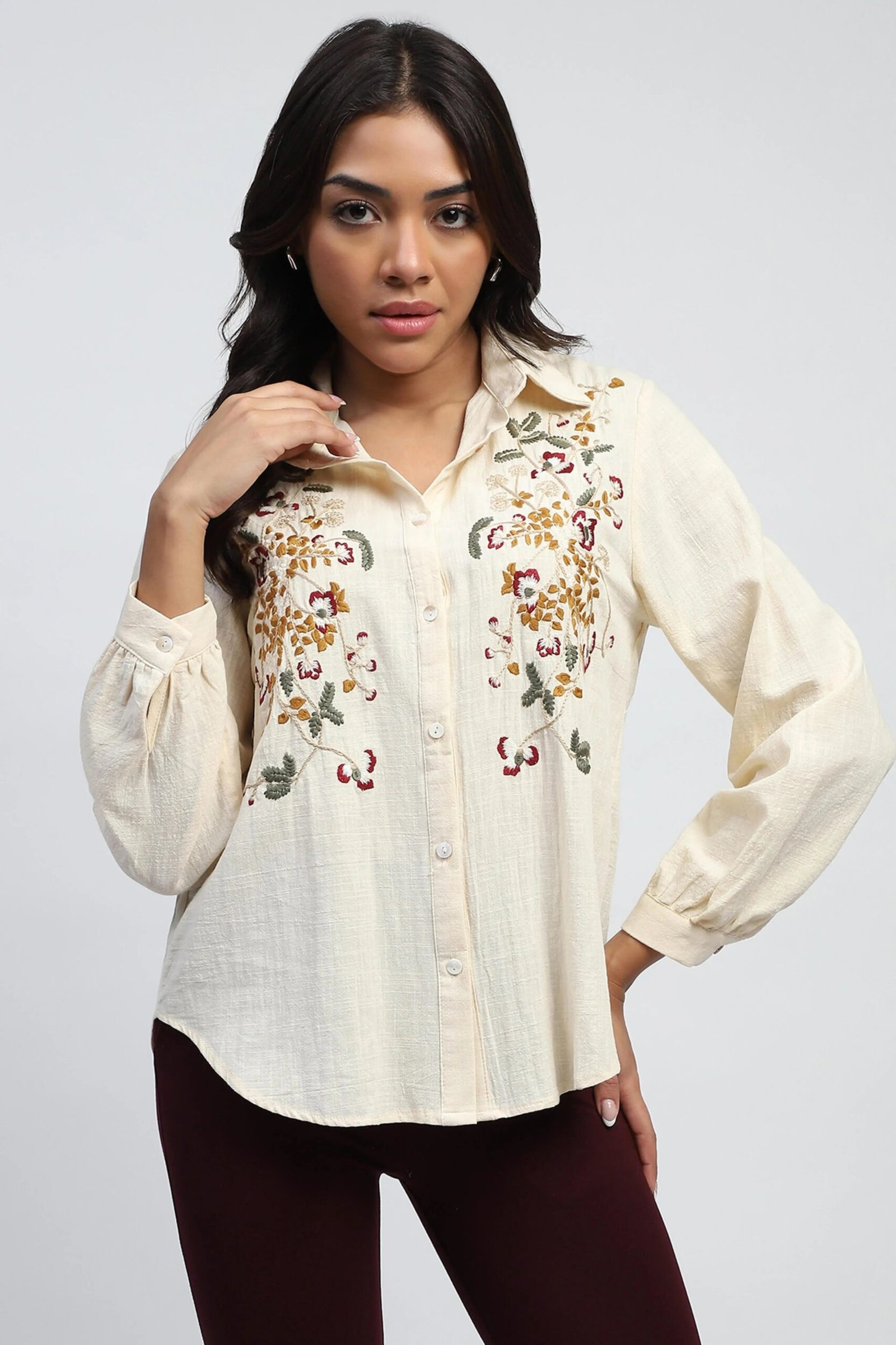 Cream Floral Embroidered Cotton Shirt