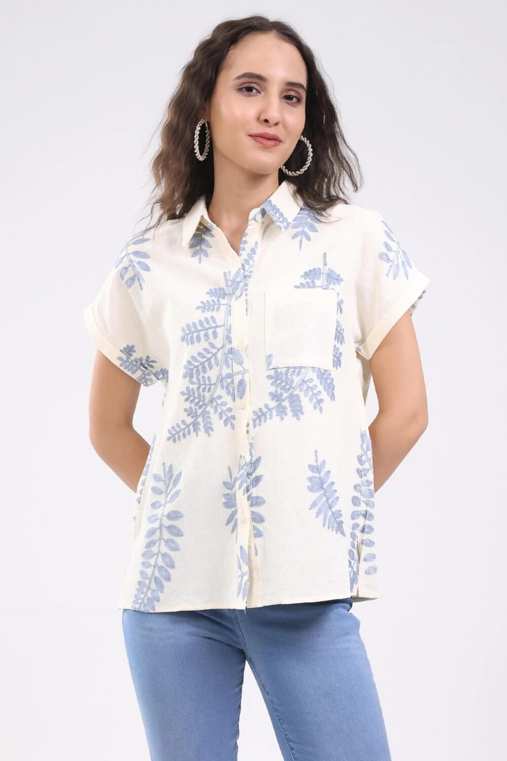 Cream Thread Embroidered Cotton Shirt