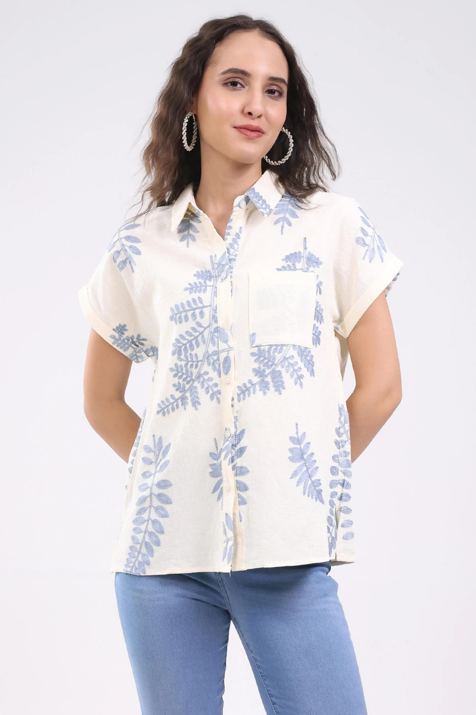 Cream Thread Embroidered Cotton Shirt