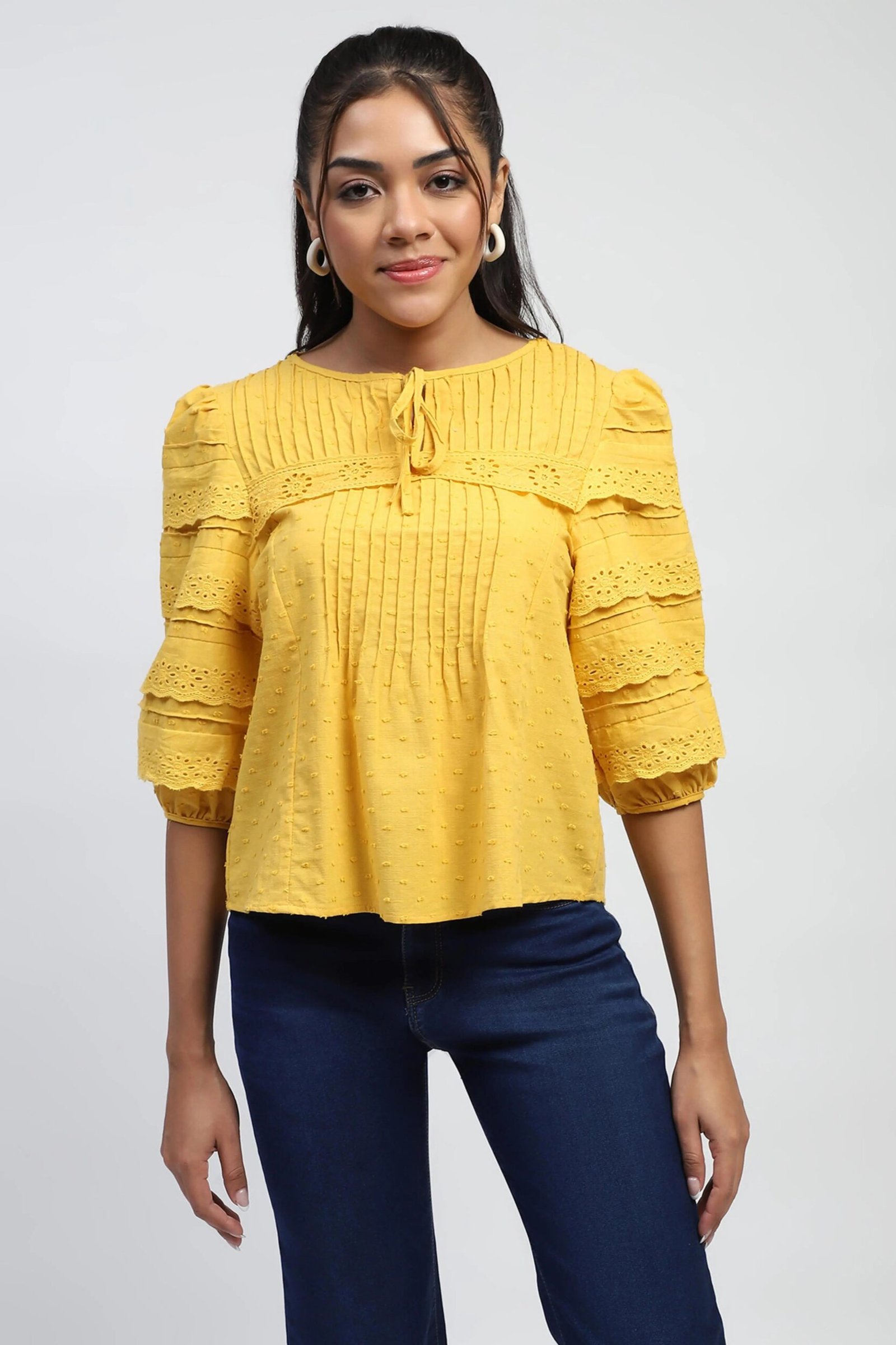 Mustard Dobby Cotton Regular Fit Blouse