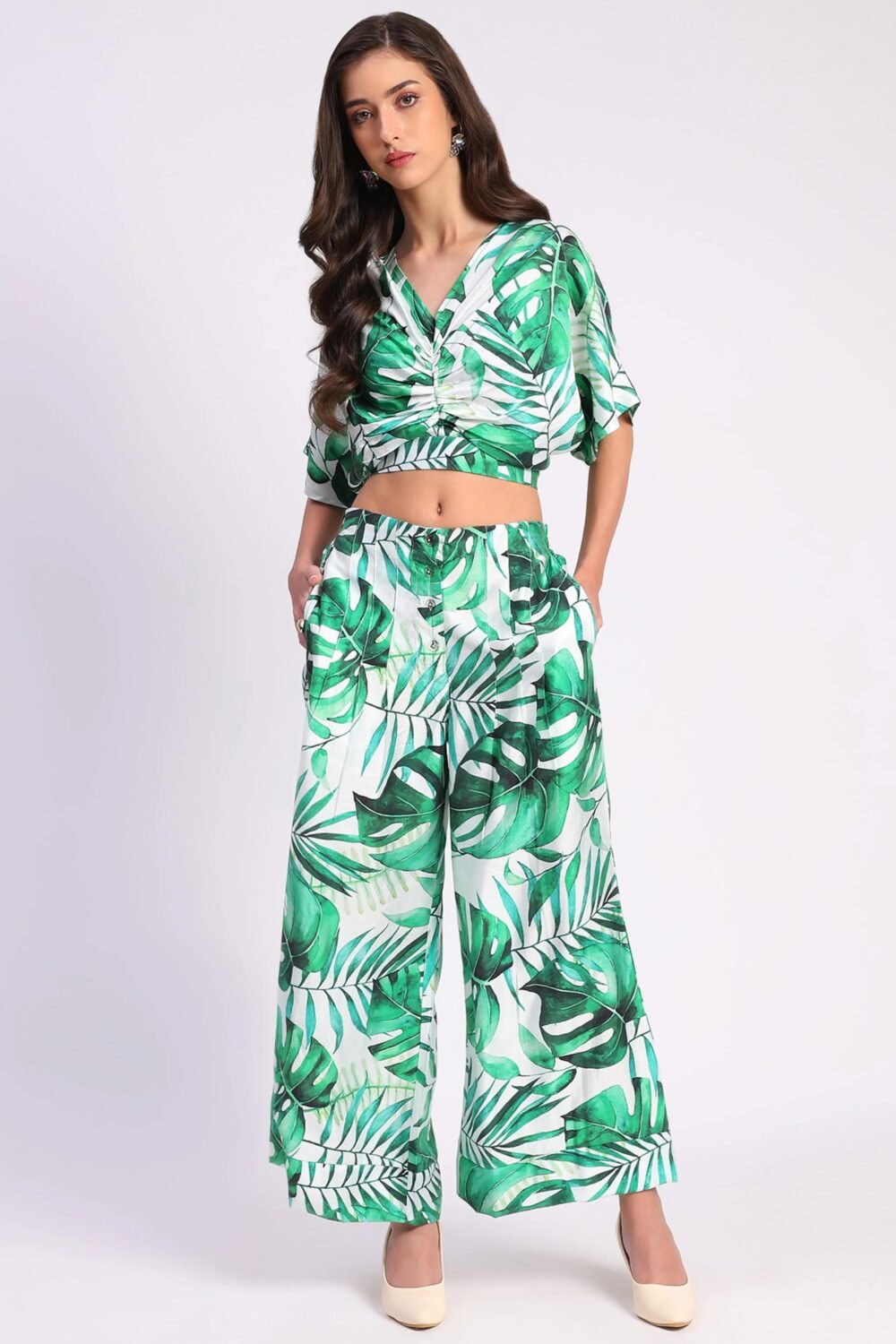Tropical Crop Top & Wide-Leg Pant Set