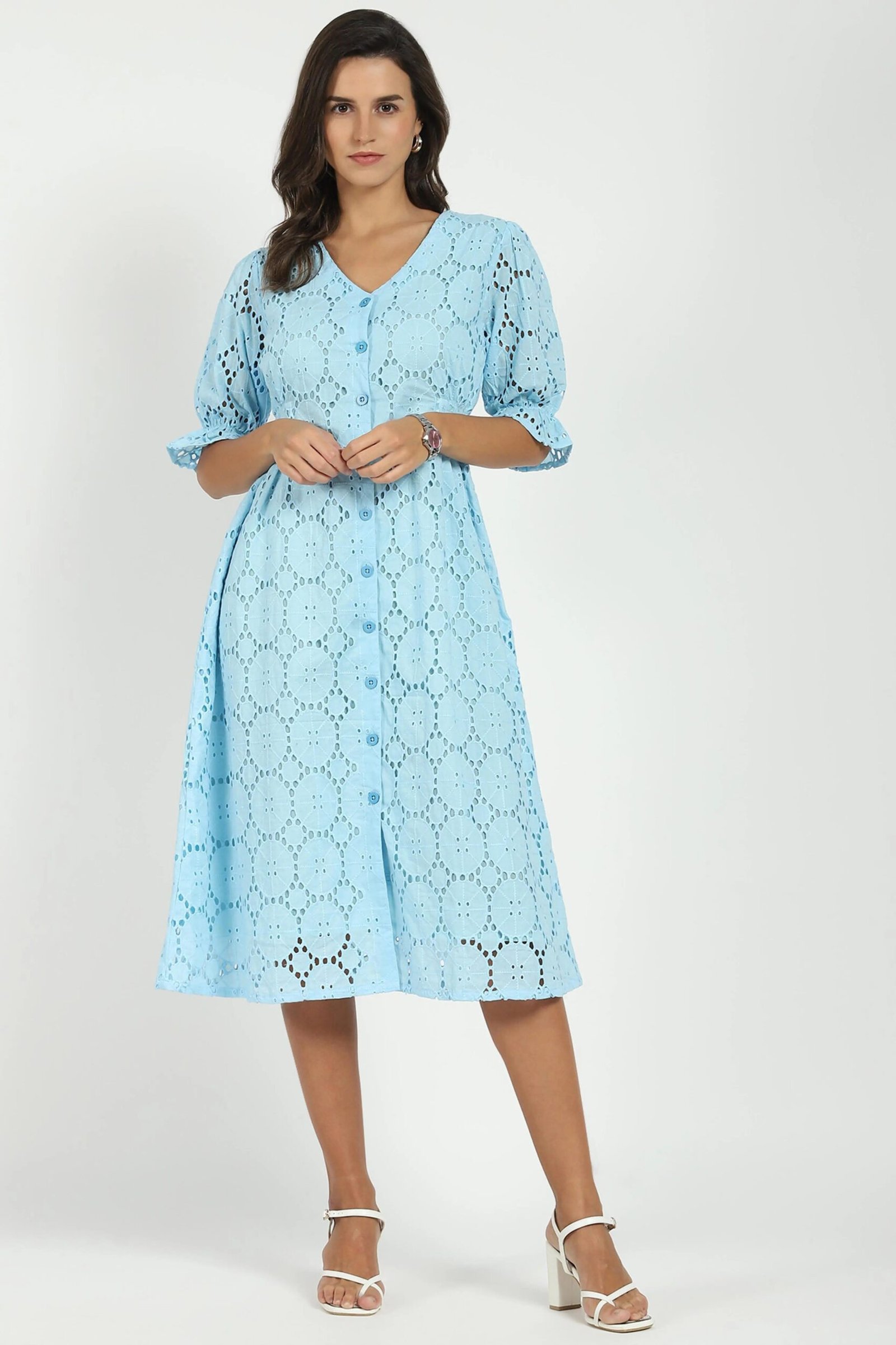 Sky Blue Embroidered Schiffli Dress
