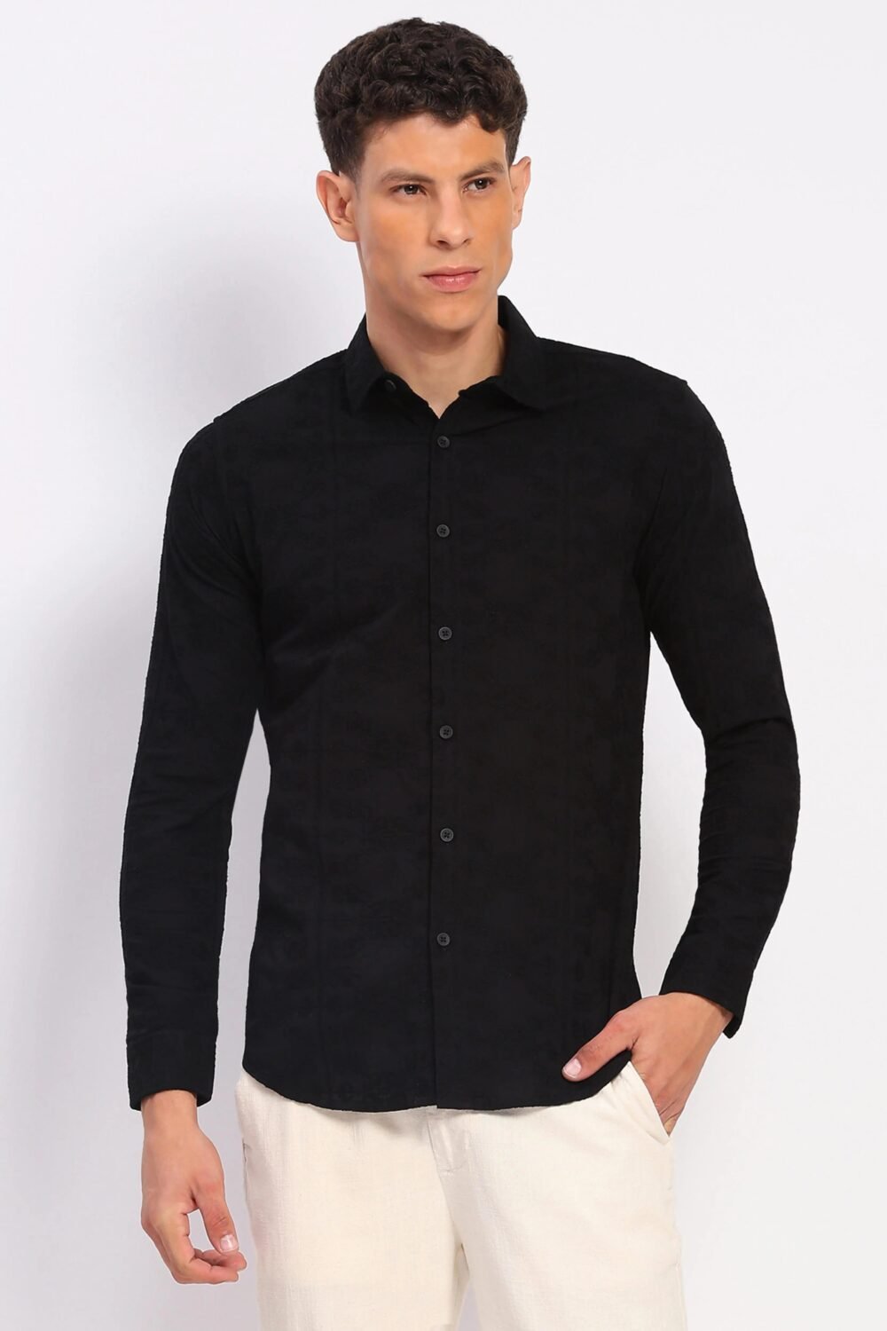 Black Cotton Embroidered Shirt