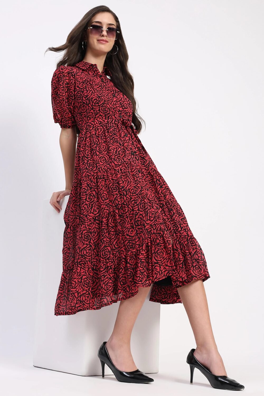 Red & Black Floral Tiered Dress
