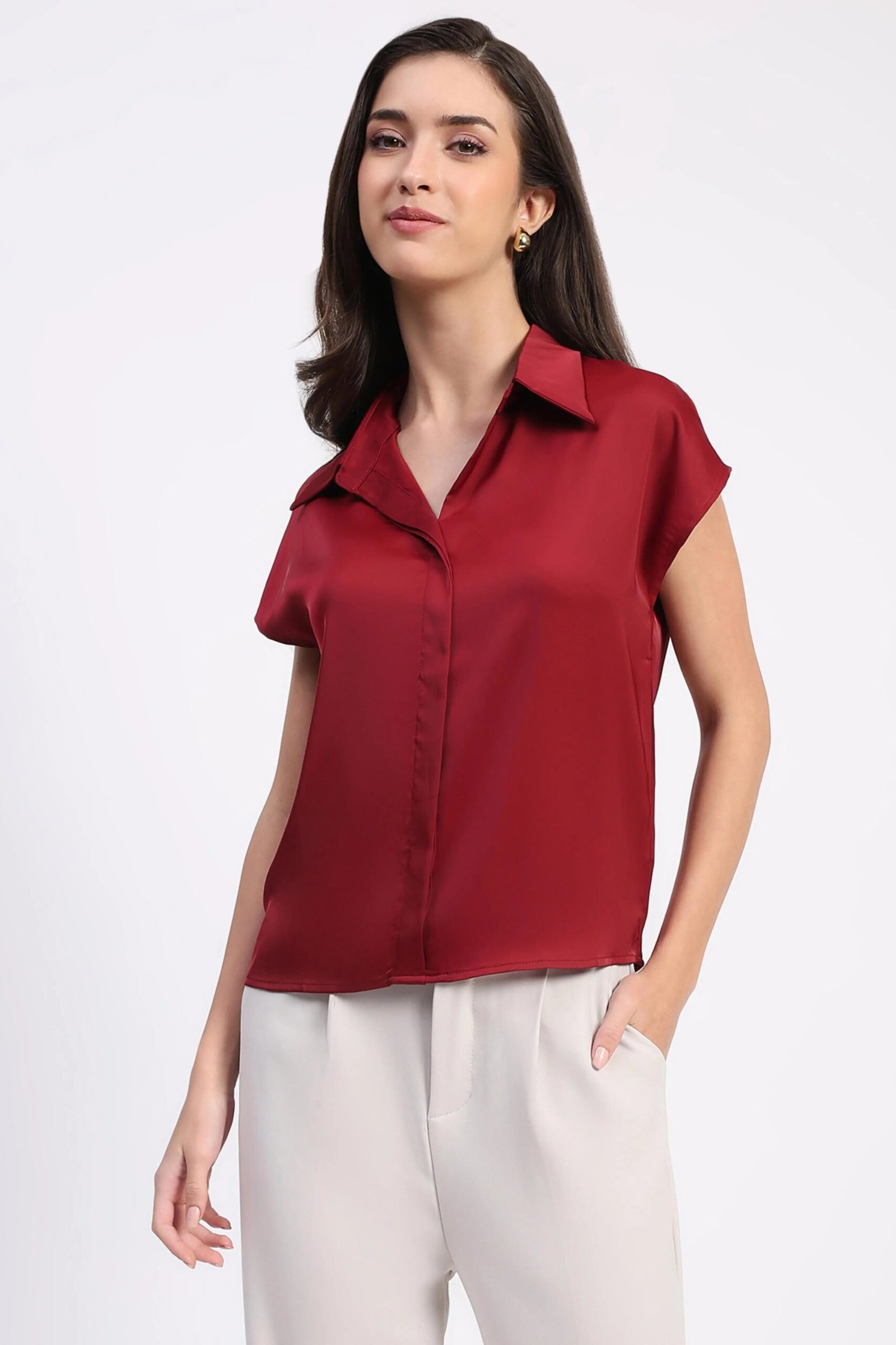 Garnet Solid Satin Loose Fit Formal Shirt