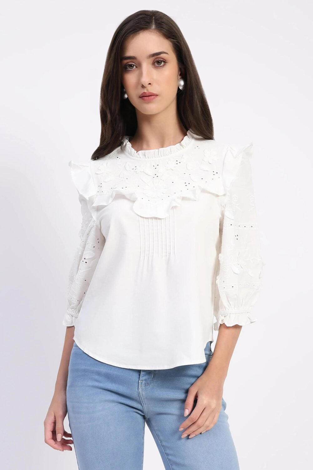 White Embroidered Cotton Blouson Top