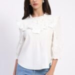 White Embroidered Cotton Blouson Top