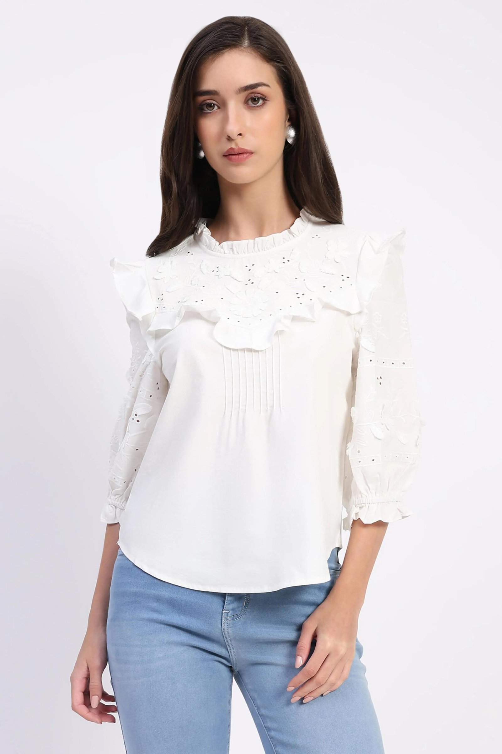 White Embroidered Cotton Blouson Top