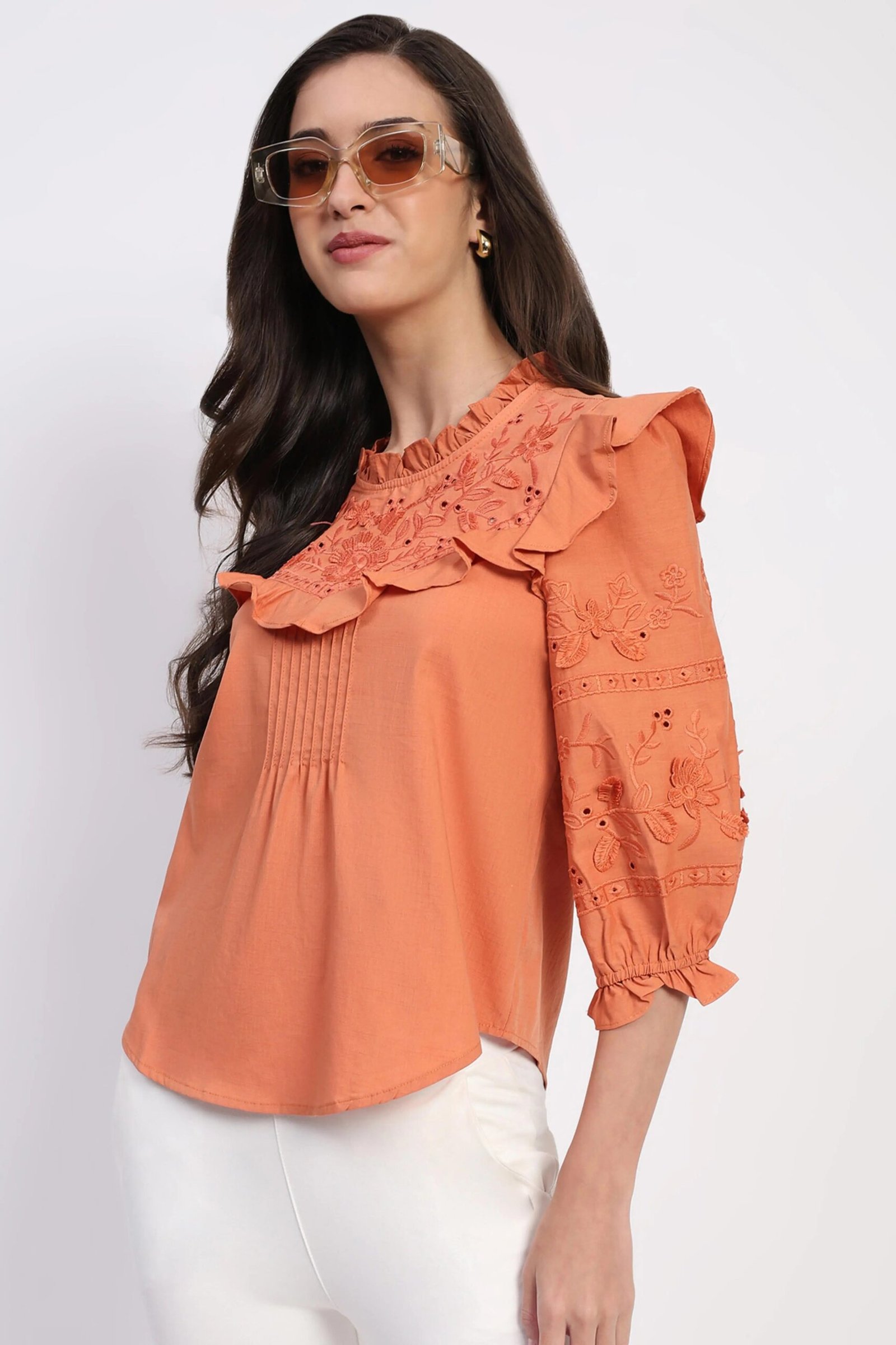 Rust Embroidered Cotton Blouson Top