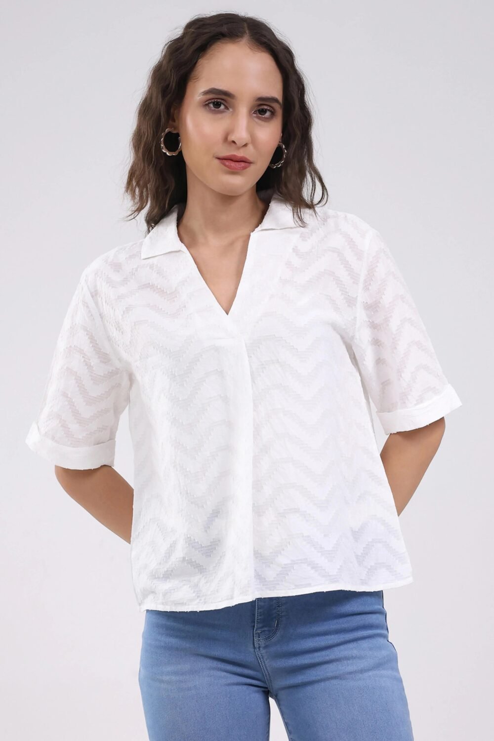 White Blouson Dobby Cotton Top