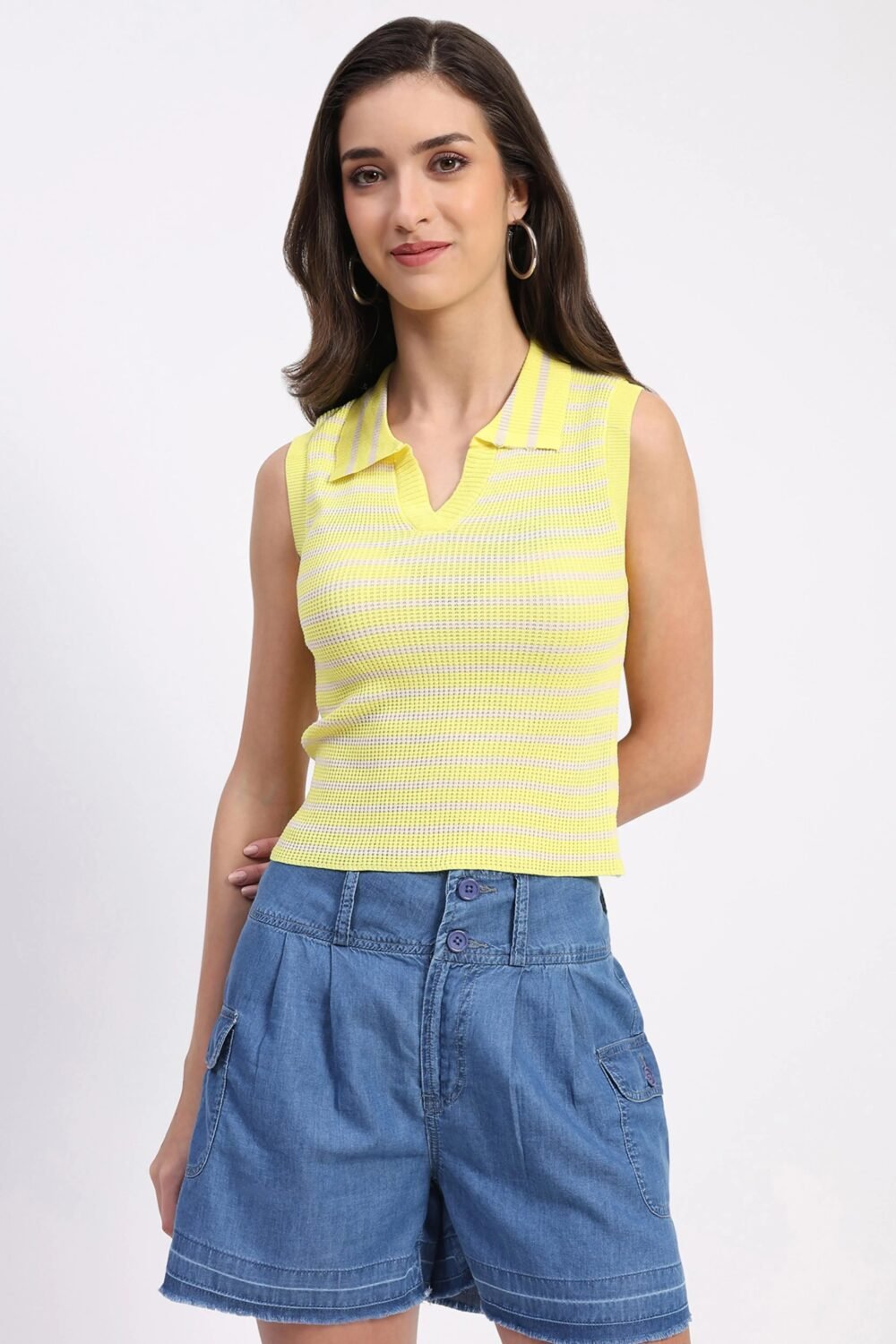 Yellow Viscose Striped Crop Top