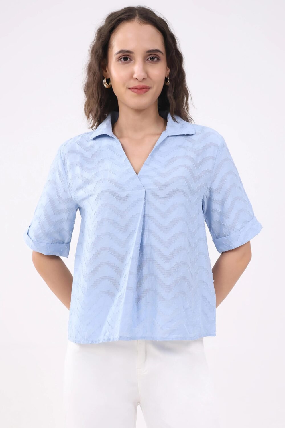 Blue Blouson Dobby Cotton Top