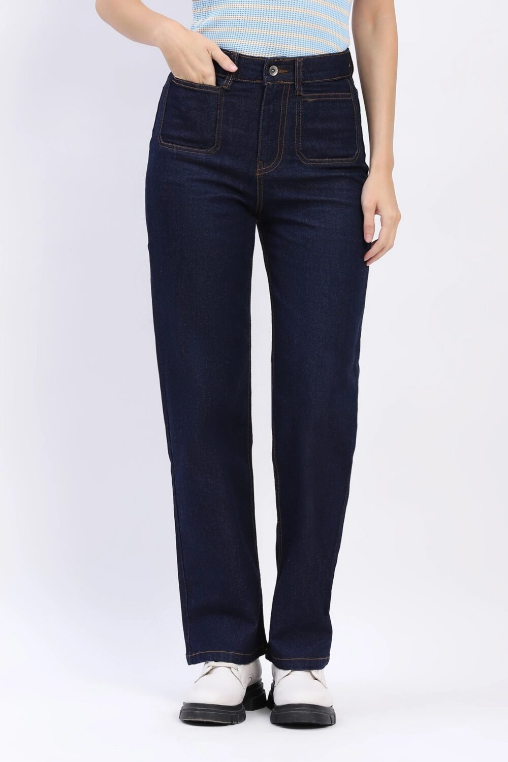 Straight-Fit Patch Pocket Jeans