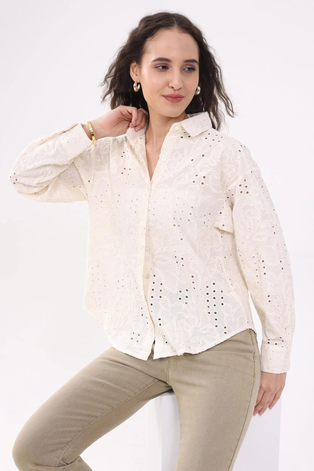 Beige Cotton Schiffili Shirt