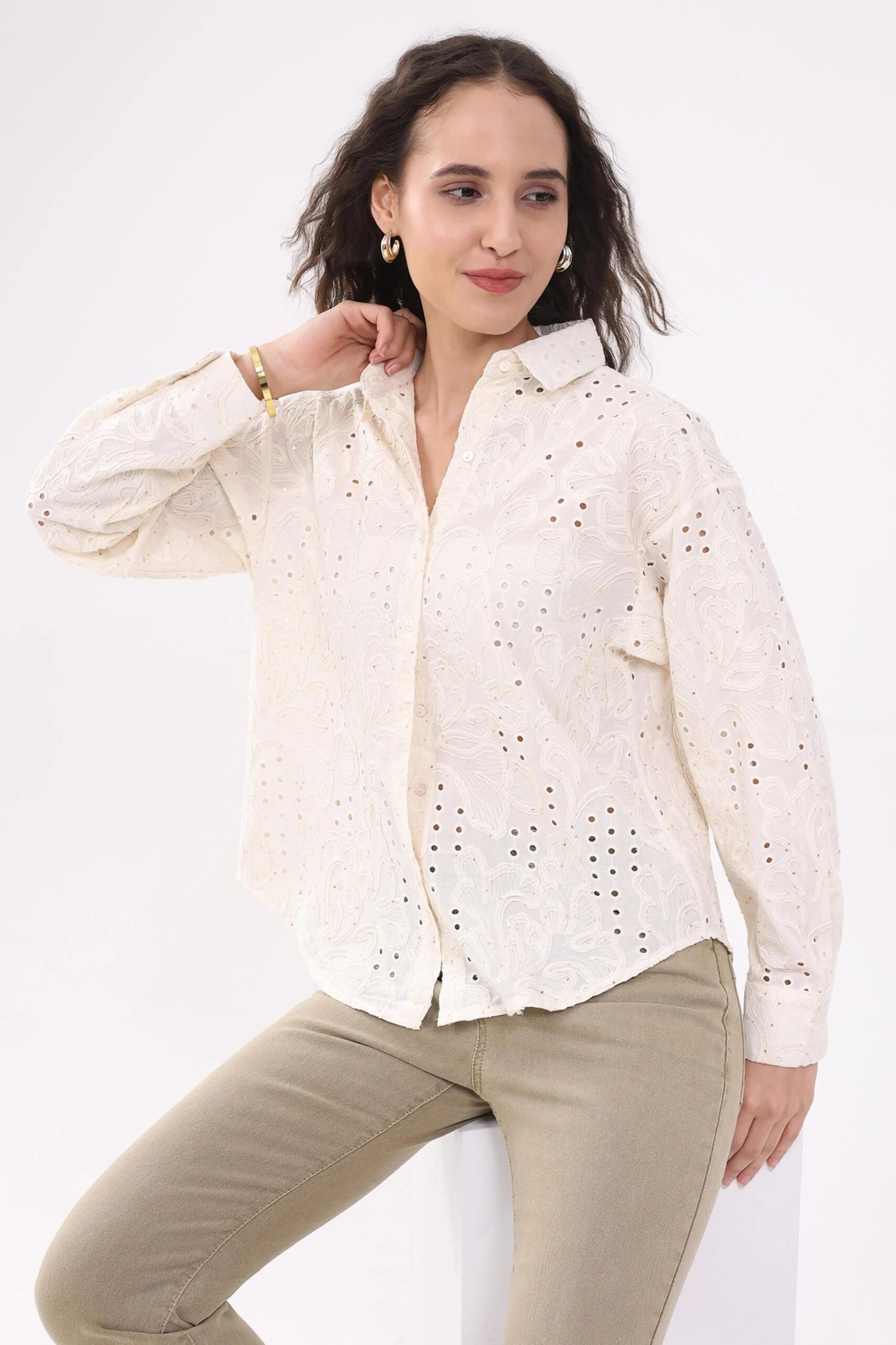 Beige Cotton Schiffili Shirt