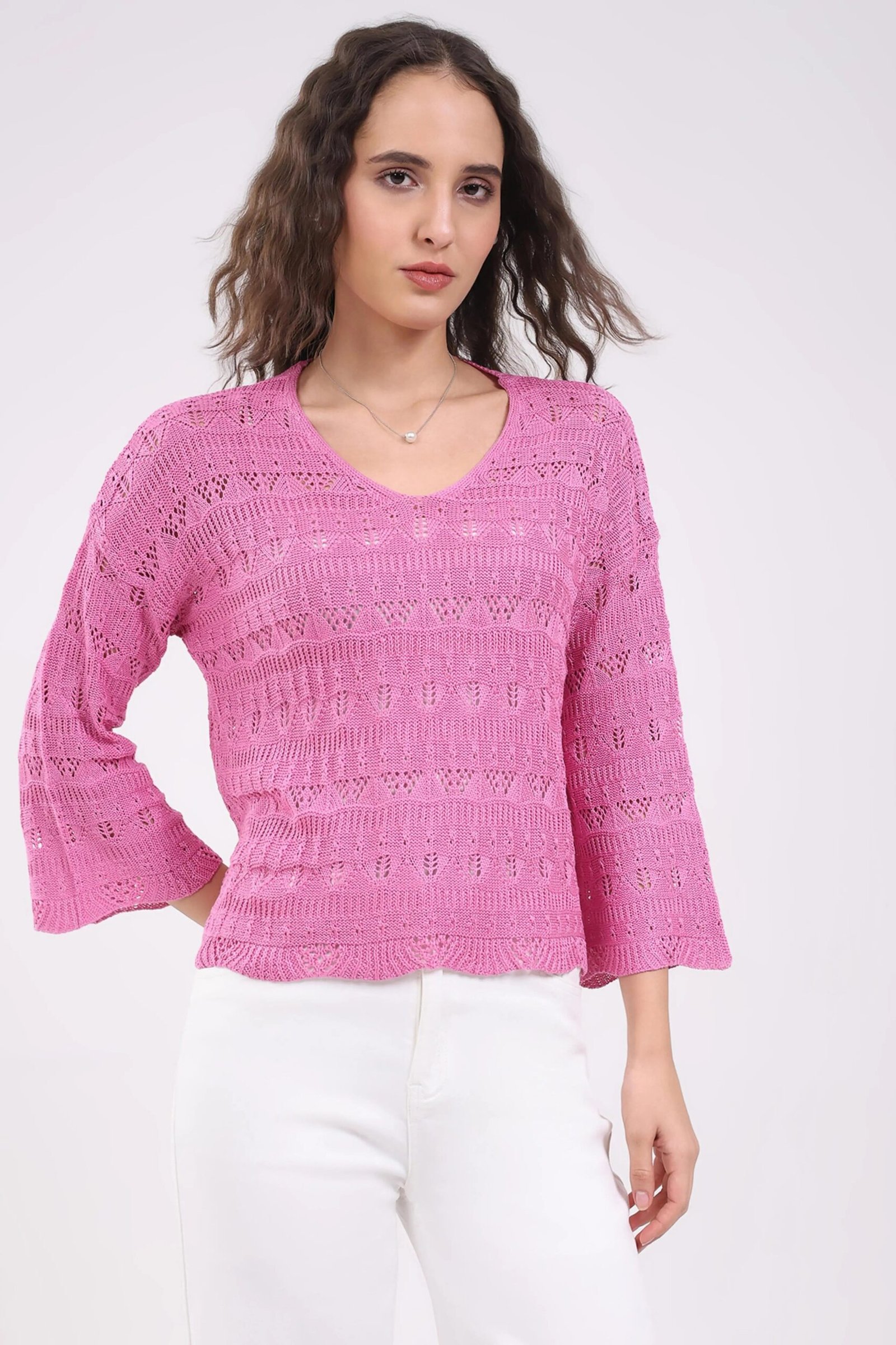 Pink Crochet Bell Sleeve Top