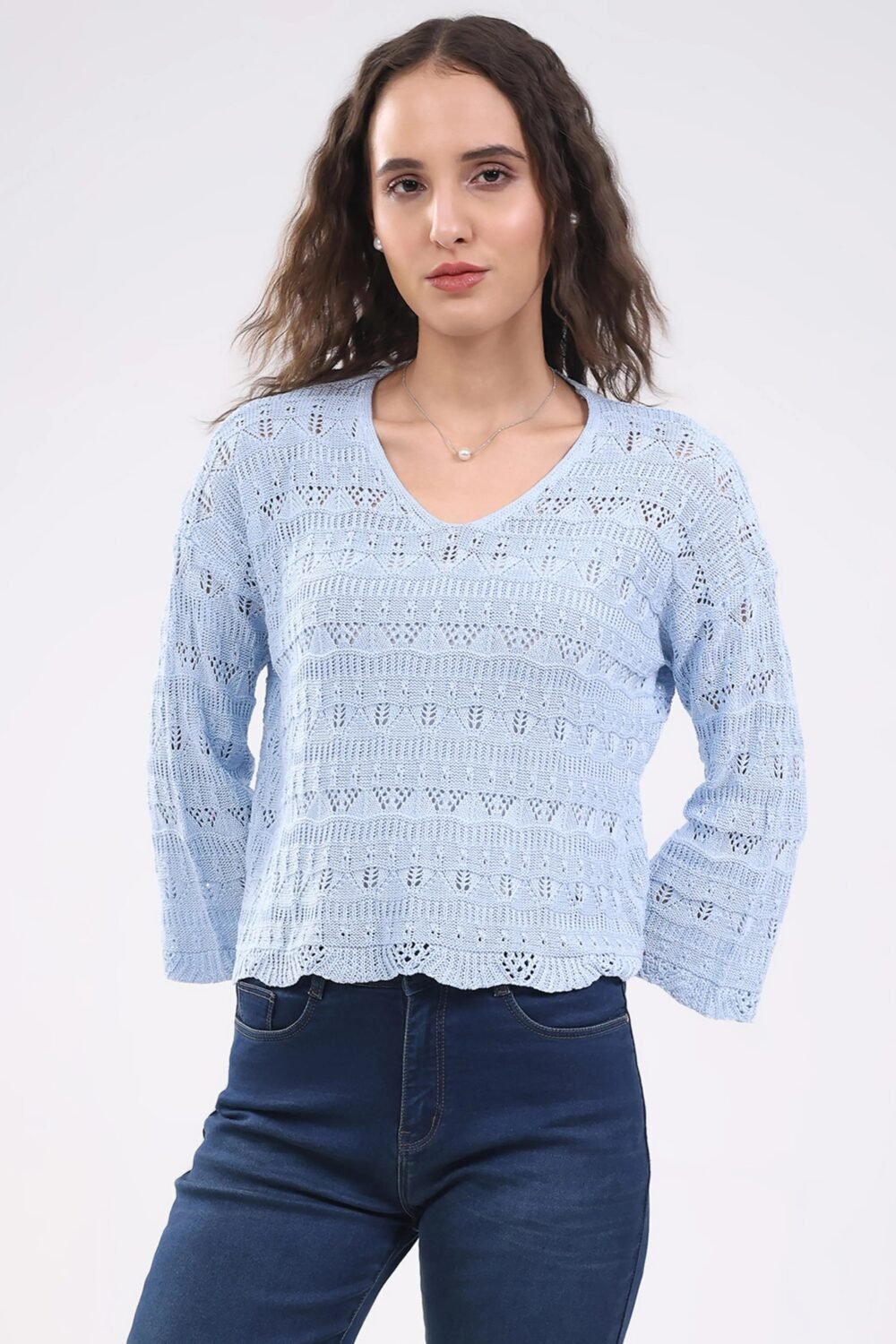 Blue Crochet Bell Sleeve Top
