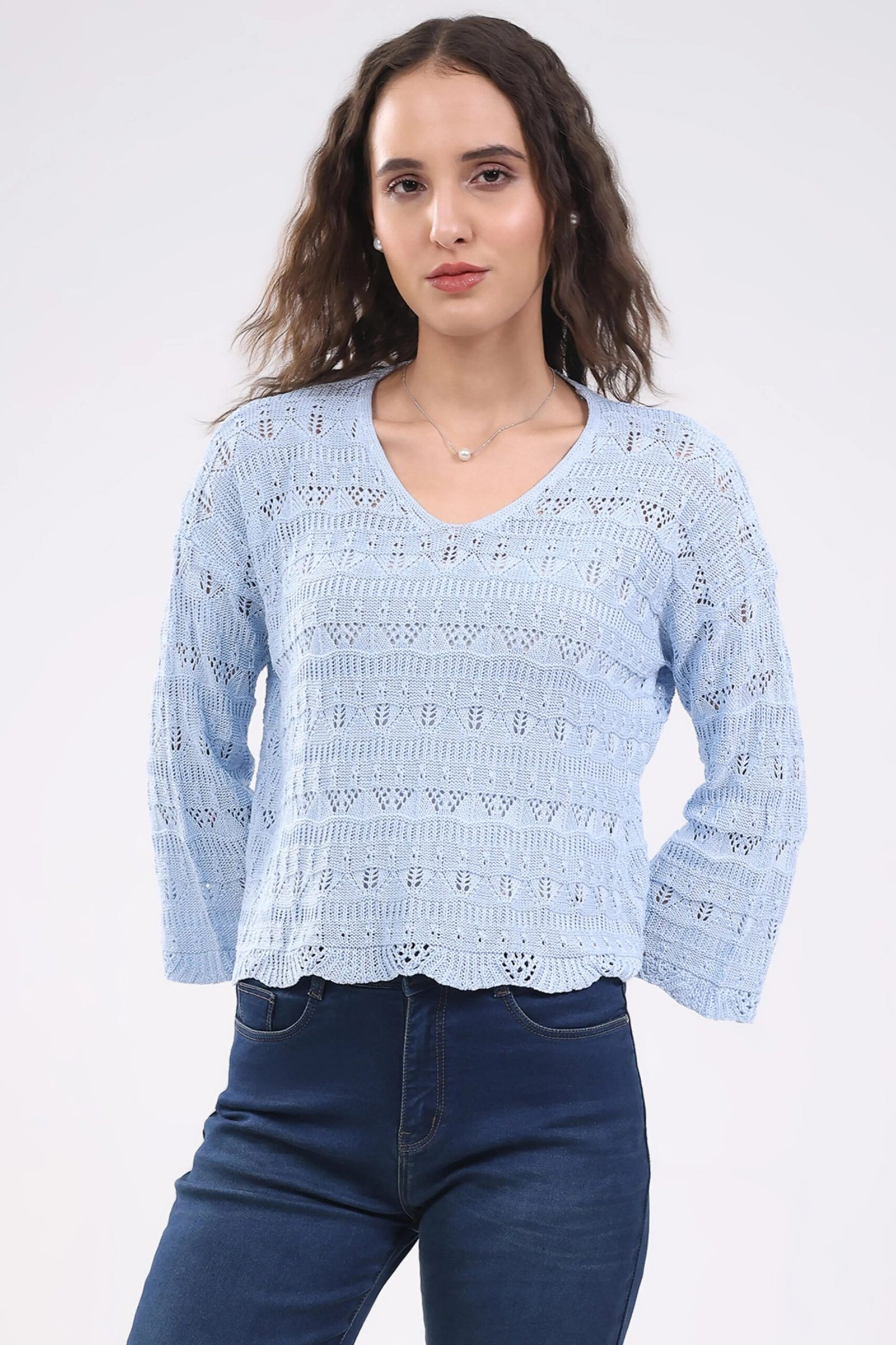 Blue Crochet Bell Sleeve Top