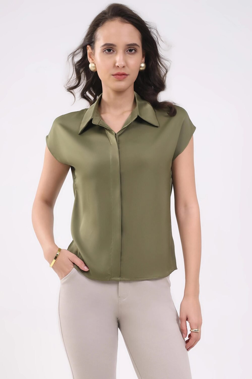 Olive Satin Formal Shirt