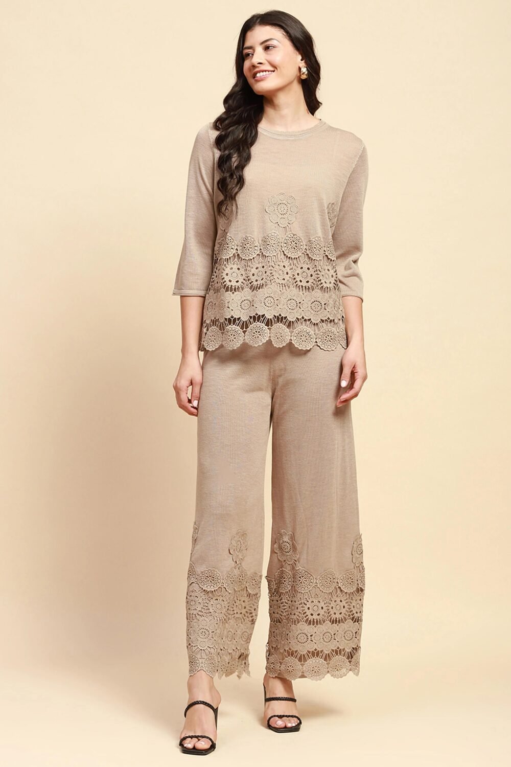 Beige Viscose Relaxed Fit Co-ord Sets