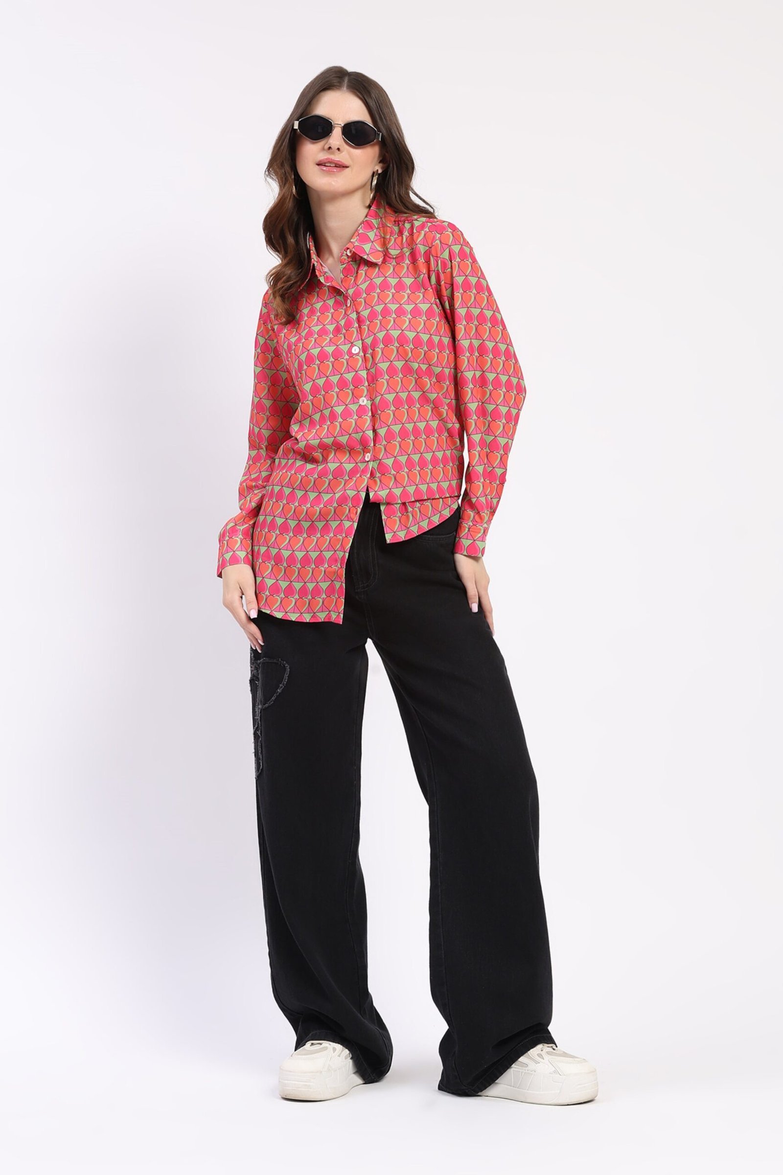 Pink Heart Print Pop Color Shirt