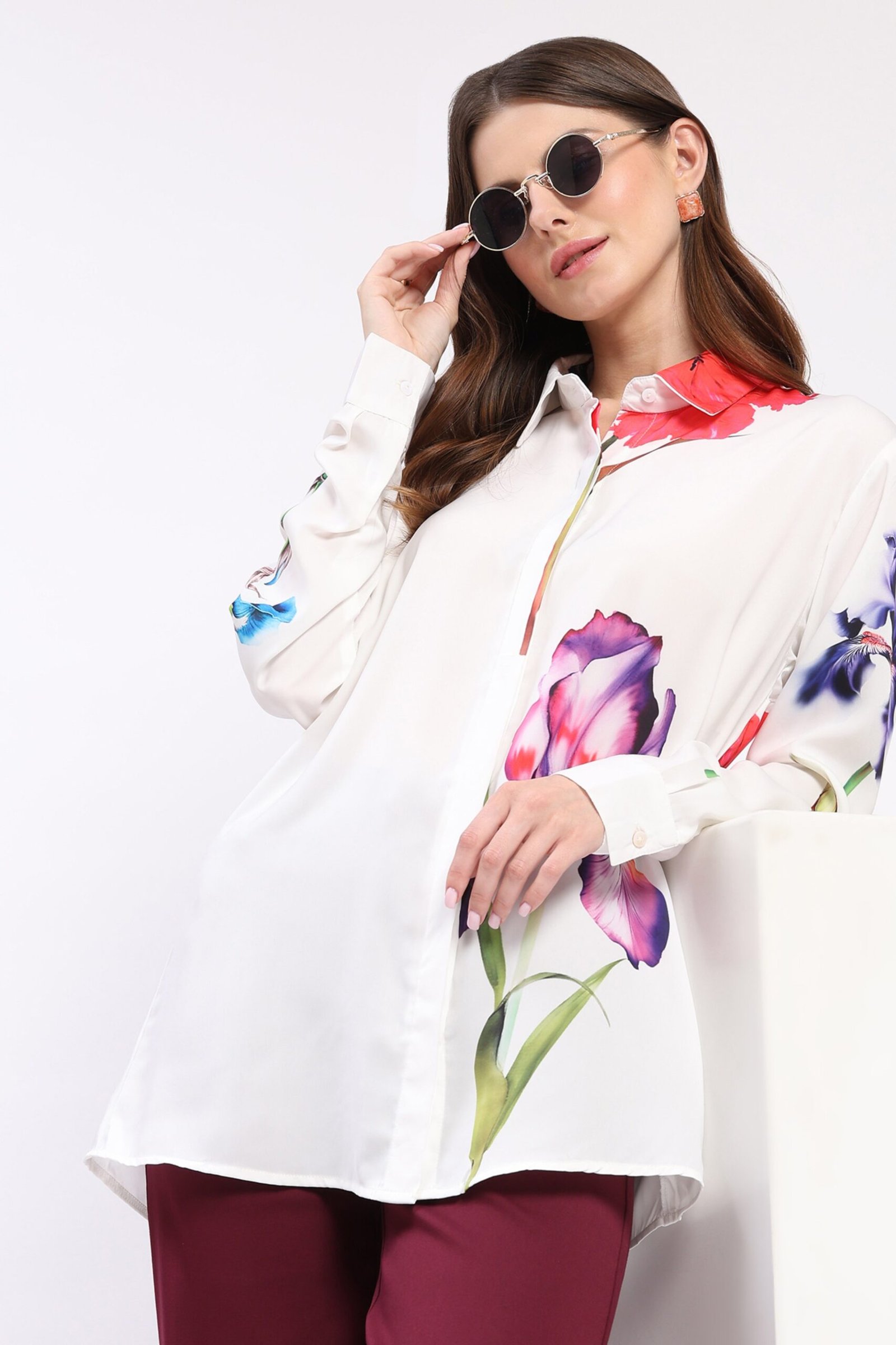 White Neon Floral Print Crepe Shirt