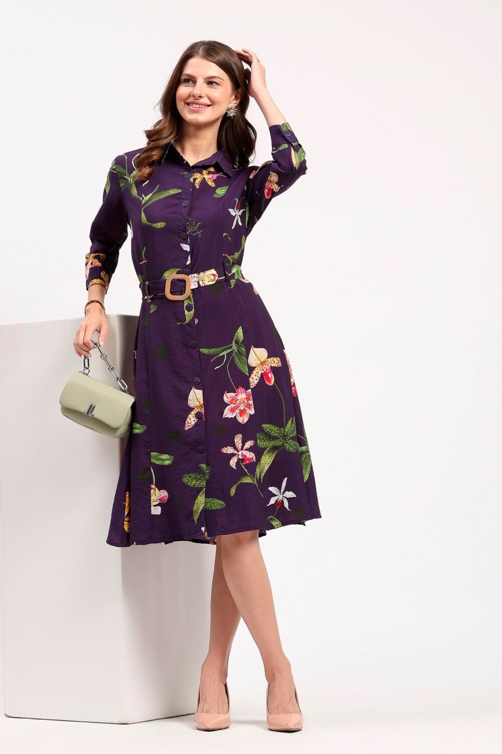 Purple Floral Print A-Line Dress