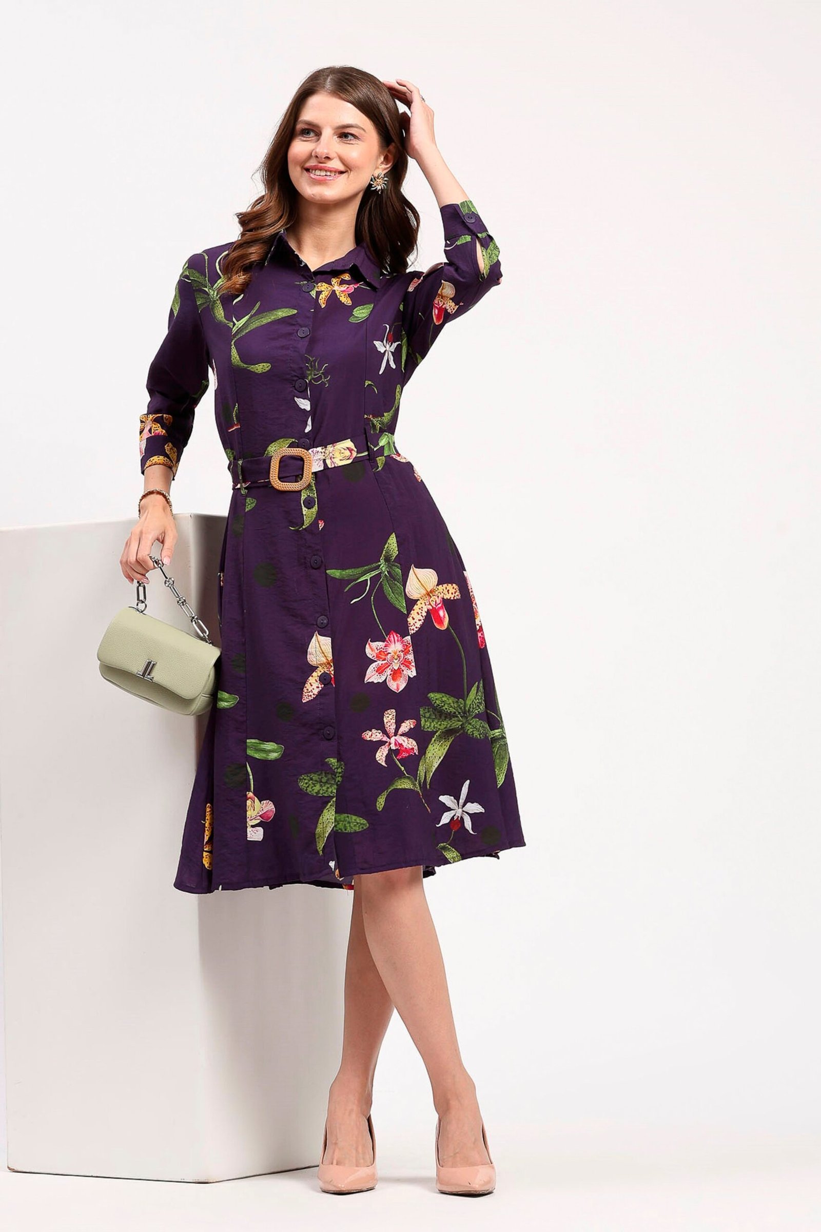 Purple Floral Print A-Line Dress