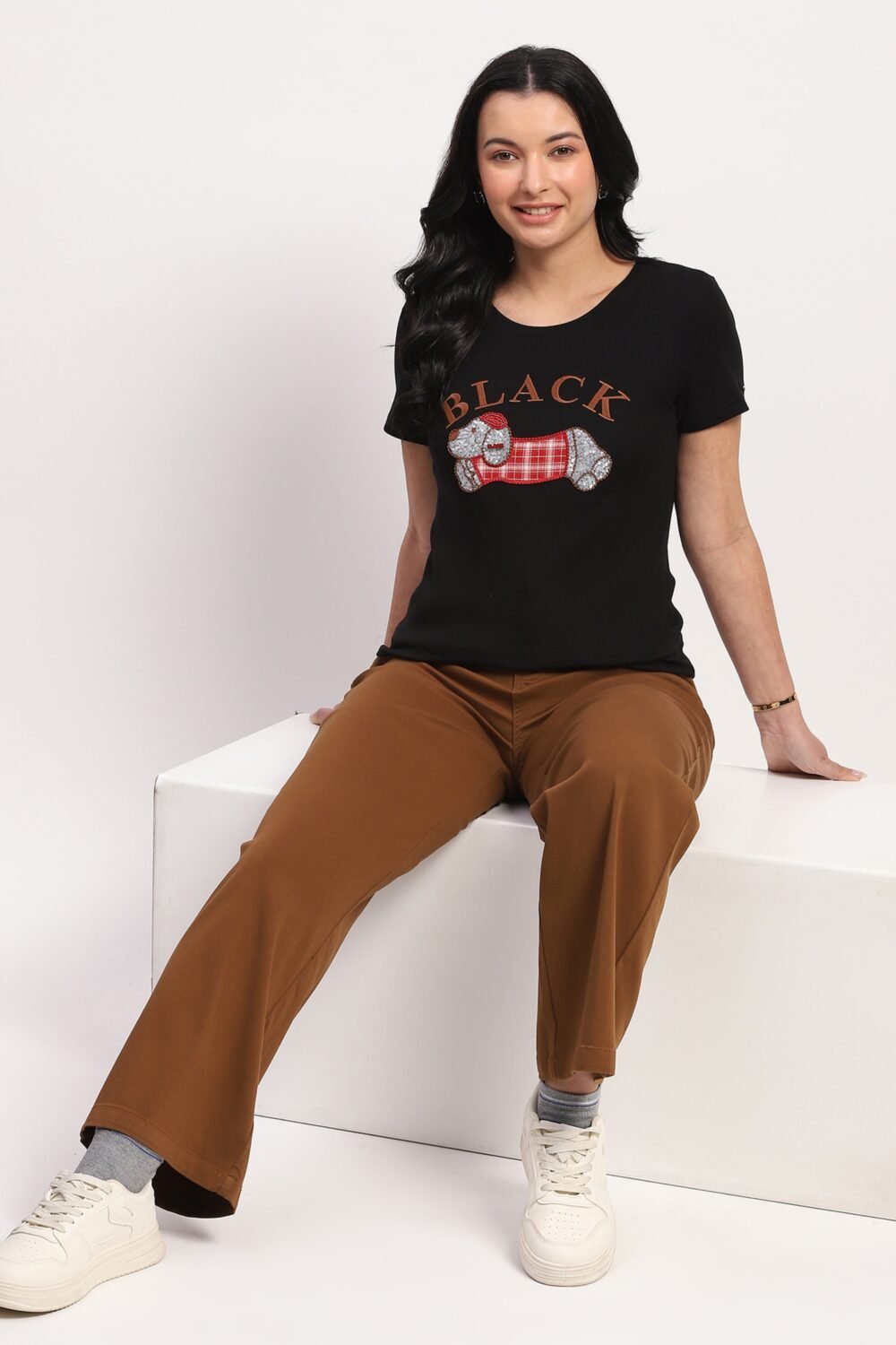 Black Puppy Embellished Cotton Top