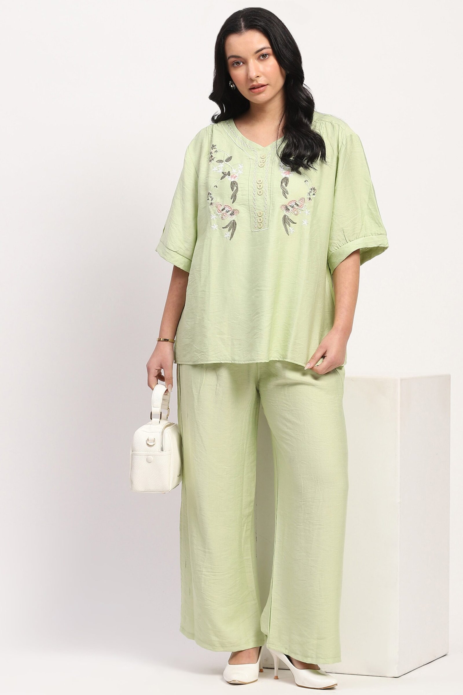 Pista Green Floral Embroidered Loungwear Set